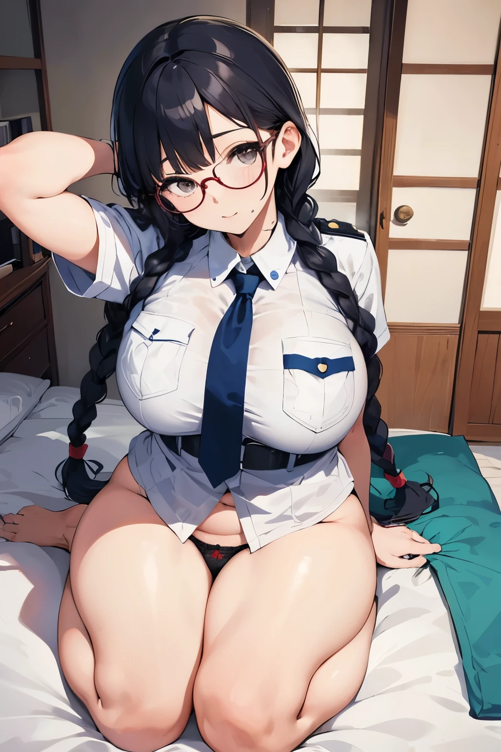 plump thighs, round glasses, big , two braids,sexual illustrations, japanese woman, pubic hair, panties are visible, selfie style, police uniform, the bedroom