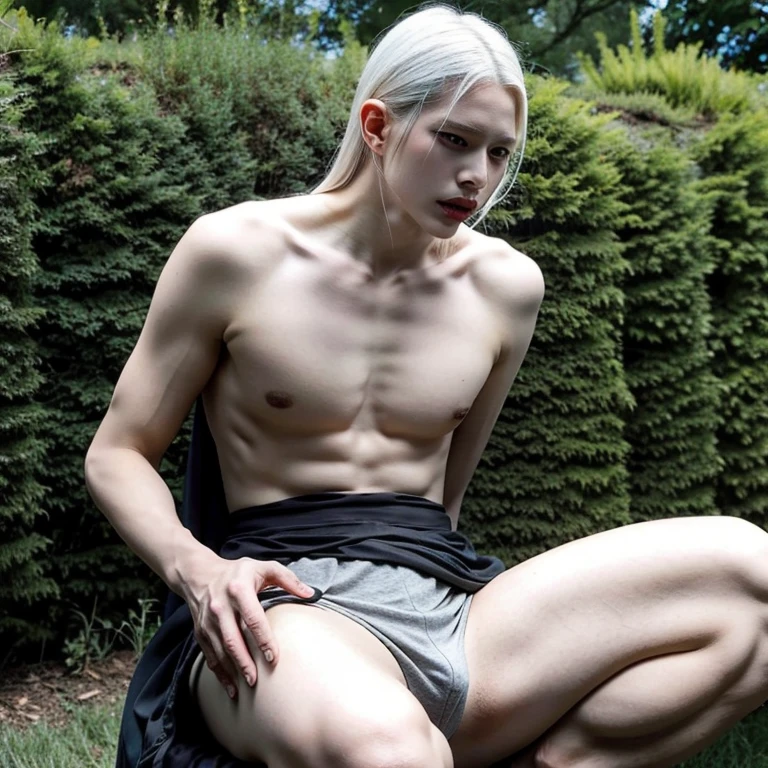 (evil albino lathy androgynous male, Cockatrice King, bird brain, thin neck, frail shoulders, weak arms, flat chest, soft belly, curvy hips, thick avian thighs, male crotch, massive buttocks, depraved homosexual, rapist, kidnapper, cradle robber, queer, weak stomach, weak bladder, his presumable prey kills him)