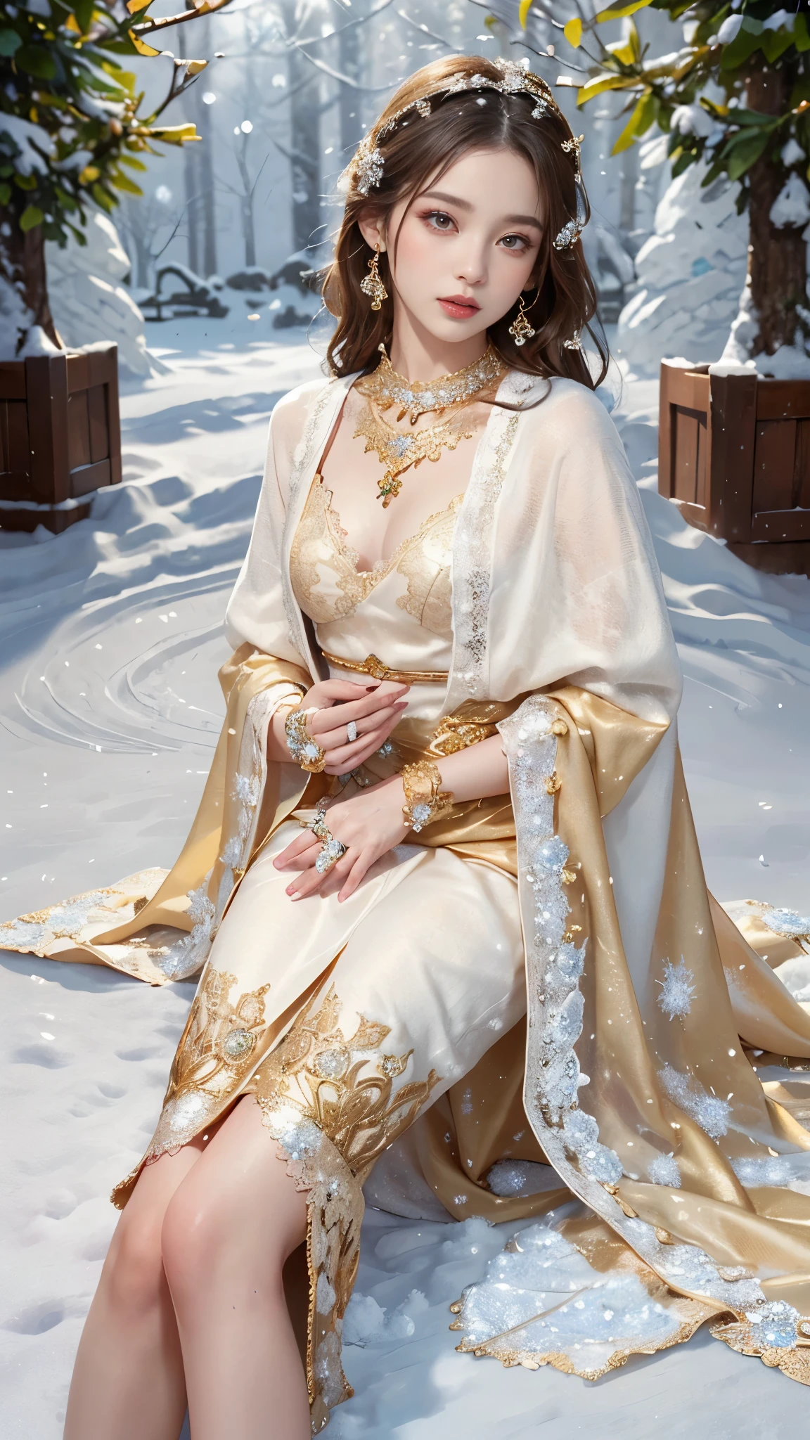 8k, masterpiece, 1 girl, beautiful face, very long hair, light makeup, detailed eyes, detailed lips, small bust, winter dress, golden dress, (wearing jewellery:1.8), (golden lace:1.4), ((snow falling:1.4)), sitting,
