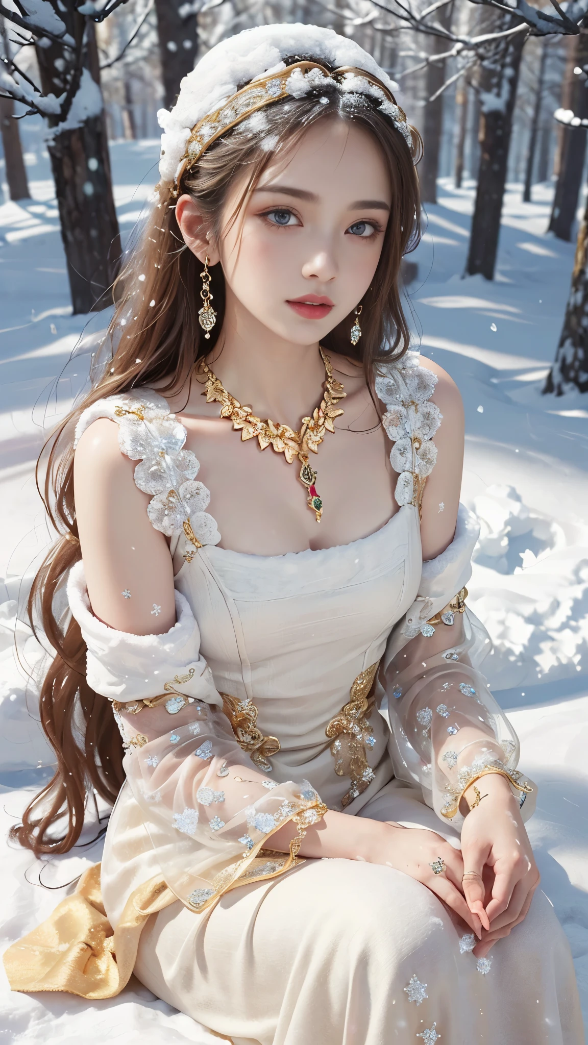 8k, masterpiece, 1 girl, beautiful face, very long hair, light makeup, detailed eyes, detailed lips, small bust, winter dress, golden dress, (wearing jewellery:1.8), (golden lace:1.4), ((snow falling:1.4)), sitting,