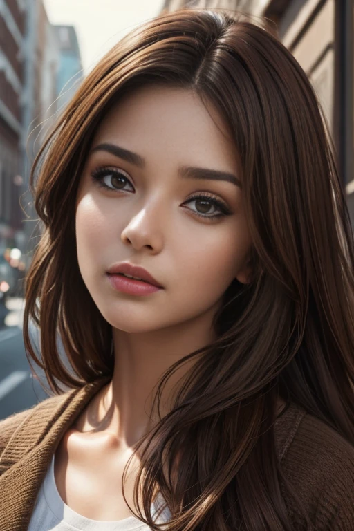 photo realistic woman, woman brown eyes, brown hair, ultrahd, surrealistic style, angel, detailed face