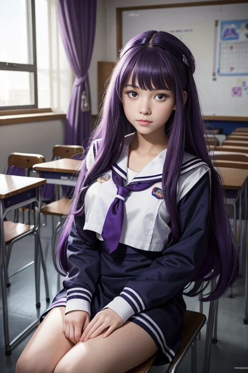 An eighteen-year-old young woman with long purple hair in a sailor suit sits in a classroom (school 1.5 in the background) (expression serious, cold 1.5) (best quality: 1.1) (masterpiece: 1.3) with an unparalleled masterpiece, surreal 8K, perfect artwork, super detail, best quality, masterpiece 4K wallpaper aesthetics, masterpiece, award-winning artwork, official art, cinematic lighting