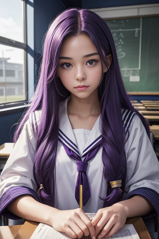 An eighteen-year-old young woman with long purple hair in a sailor suit sits in a classroom (school 1.5 in the background) (expression serious, cold 1.5) (best quality: 1.1) (masterpiece: 1.3) with an unparalleled masterpiece, surreal 8K, perfect artwork, super detail, best quality, masterpiece 4K wallpaper aesthetics, masterpiece, award-winning artwork, official art, cinematic lighting