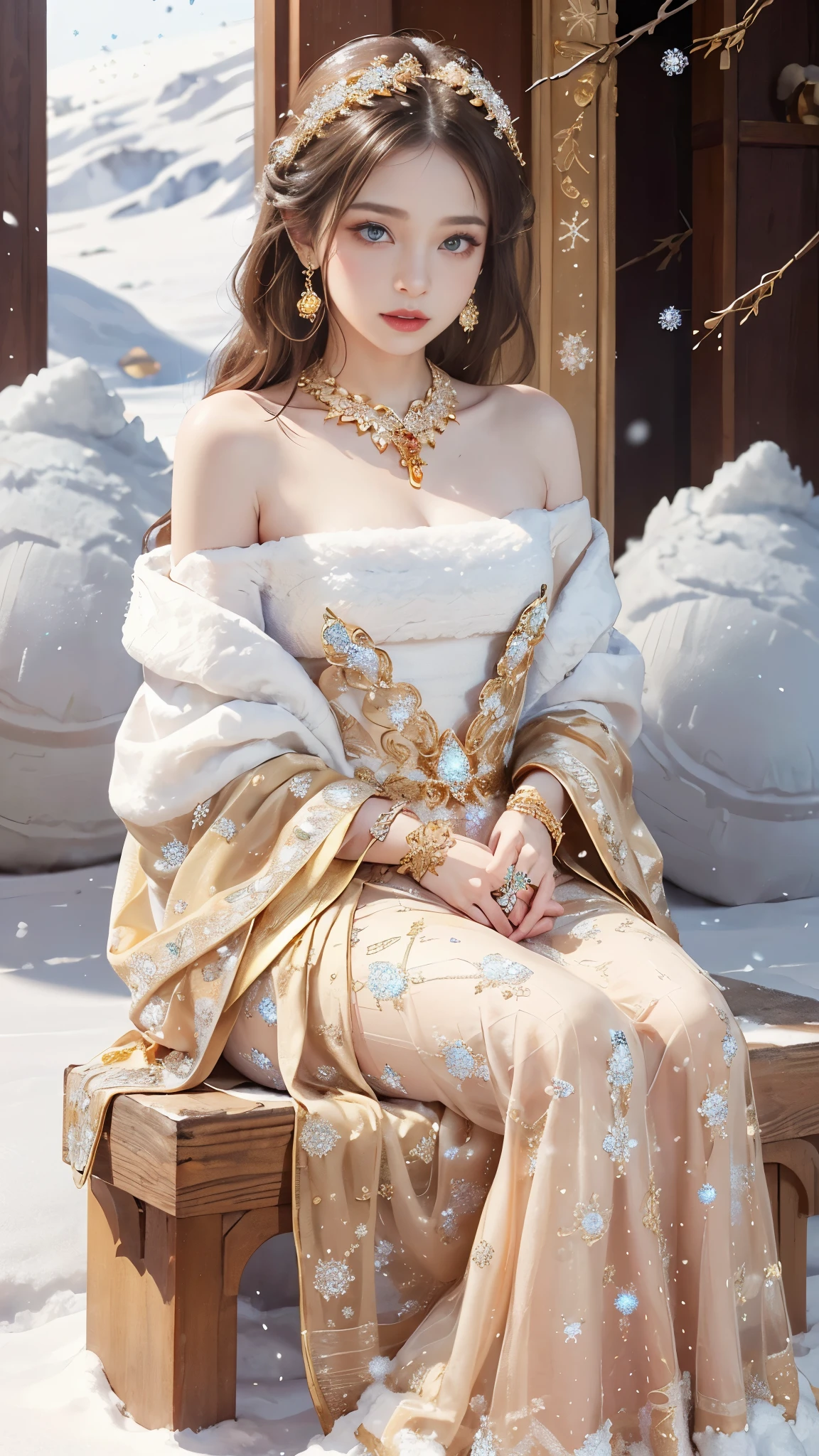 8k, masterpiece, 1 girl, beautiful face, very long hair, light makeup, detailed eyes, detailed lips, small bust, winter dress, golden dress, (wearing jewellery:1.8), (golden lace:1.4), ((snow falling:1.4)), sitting,
