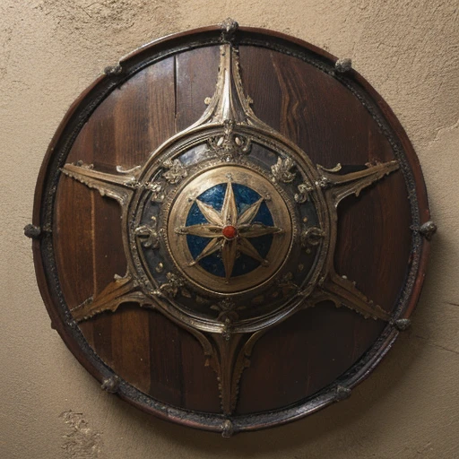 matallic huge battle shield, symmetric composition, ancient old gamaged shield with covered decor, front vew frontal, wood metal plasma, super detailed, high resolution, ultra detalisation. masterpiece