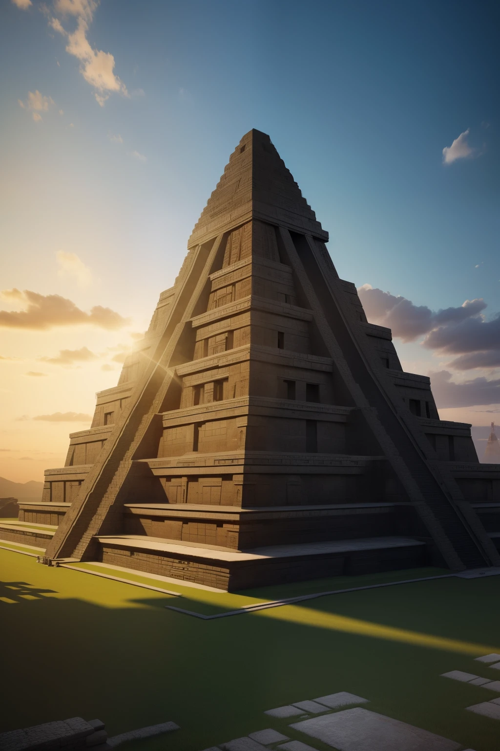 A breathtaking, polished pyramid, bathed in the soft glow of a setting sun, stands majestically in an expansive field. The ancient mega structure, radiating an aura of mystery and grandeur, is accentuated by the radiant light that illuminates its intricately carved surfaces. The ruins of this grand pyramid, a testament to the advanced civilization that once thrived there, are shrouded in a serene atmosphere that transports one back in time.
An intricate 3D Mayan rendering, showcasing the intricate details and precise lines of this ancient architectural marvel, comes alive in the mind's eye. The ziggur