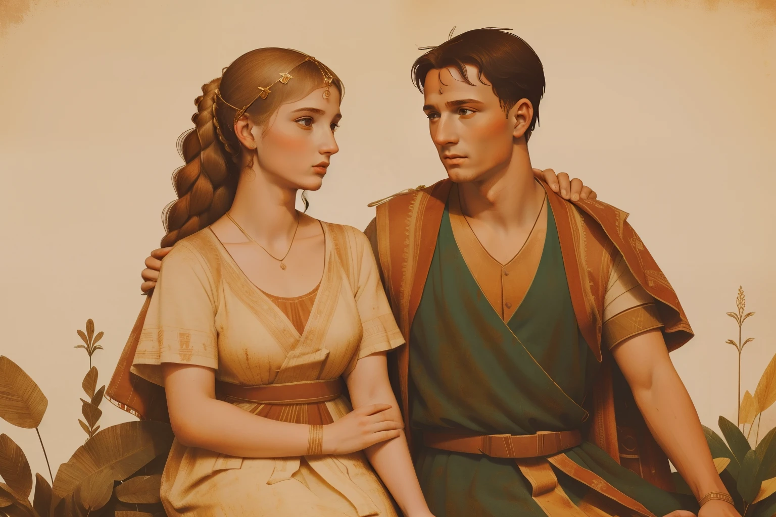 Rome, 77 BC. A young ((((23-year-old)) Julius Caesar)), and his wife Cornelia, holding hands, ((loving expression)). ((((roman clothings from the 1st century BC)))) ((ancient rome hairstyle))