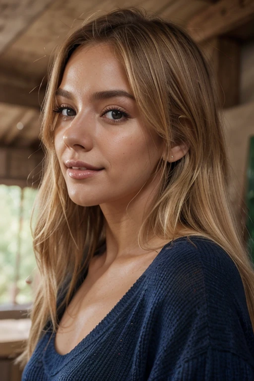 A 23-year-old blonde woman, ((pechos grandes)), ((hiperrealismo)), . blonde hair with light brown roots. cabello rubio, Hair with brown roots, cabello extra largo, cabello muy largo, Cabello muy largo, hermoso, perfil, Foto tomada de perfil con iPhone 15 pro, alta calidad, ojos verdes, labios carnosos, profundidad de campo, sonriendo, extremadamente detallado, red sweater and blue pants, makeup, anatomically correct, best quality, 4K, textured skin, super detail, high details, sentada estudiando, selfie, invierno, vestida, Estudiando