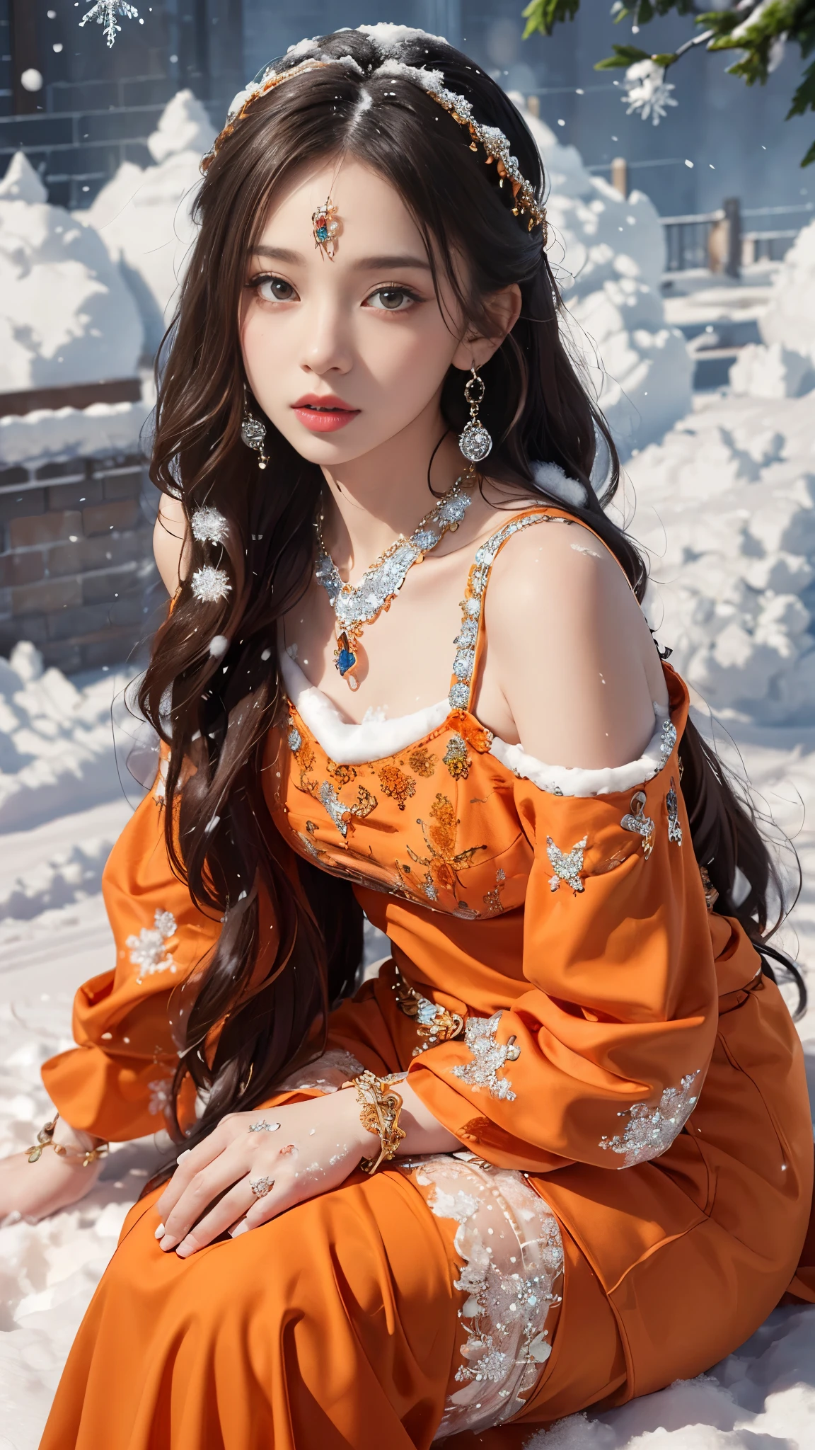 8k, masterpiece, 1 girl, beautiful face, very long hair, light makeup, detailed eyes, detailed lips, small bust, winter dress, orange dress, (wearing jewellery:1.8), (orange lace:1.4), ((snow falling:1.4)), sitting,
