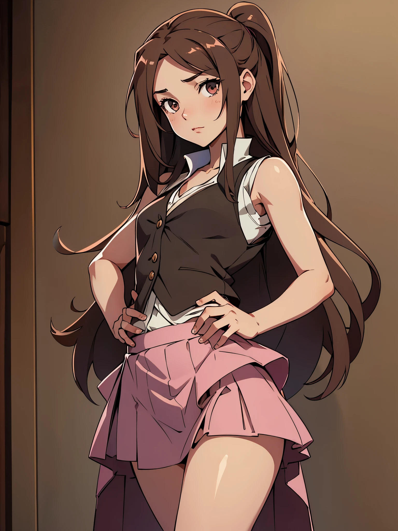 1girl, solo, pink skirt, long brown hair, innocent, cute, black vest, seductive pose