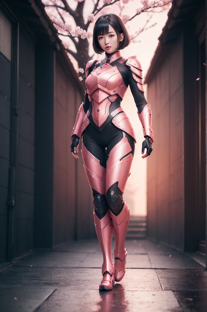 (((full body photo)))
beautiful japanese young woman, wearing ninja armor, thick symmetrical features, very short hair, background is cherry blossoms, pink aura, red lips, octane render,