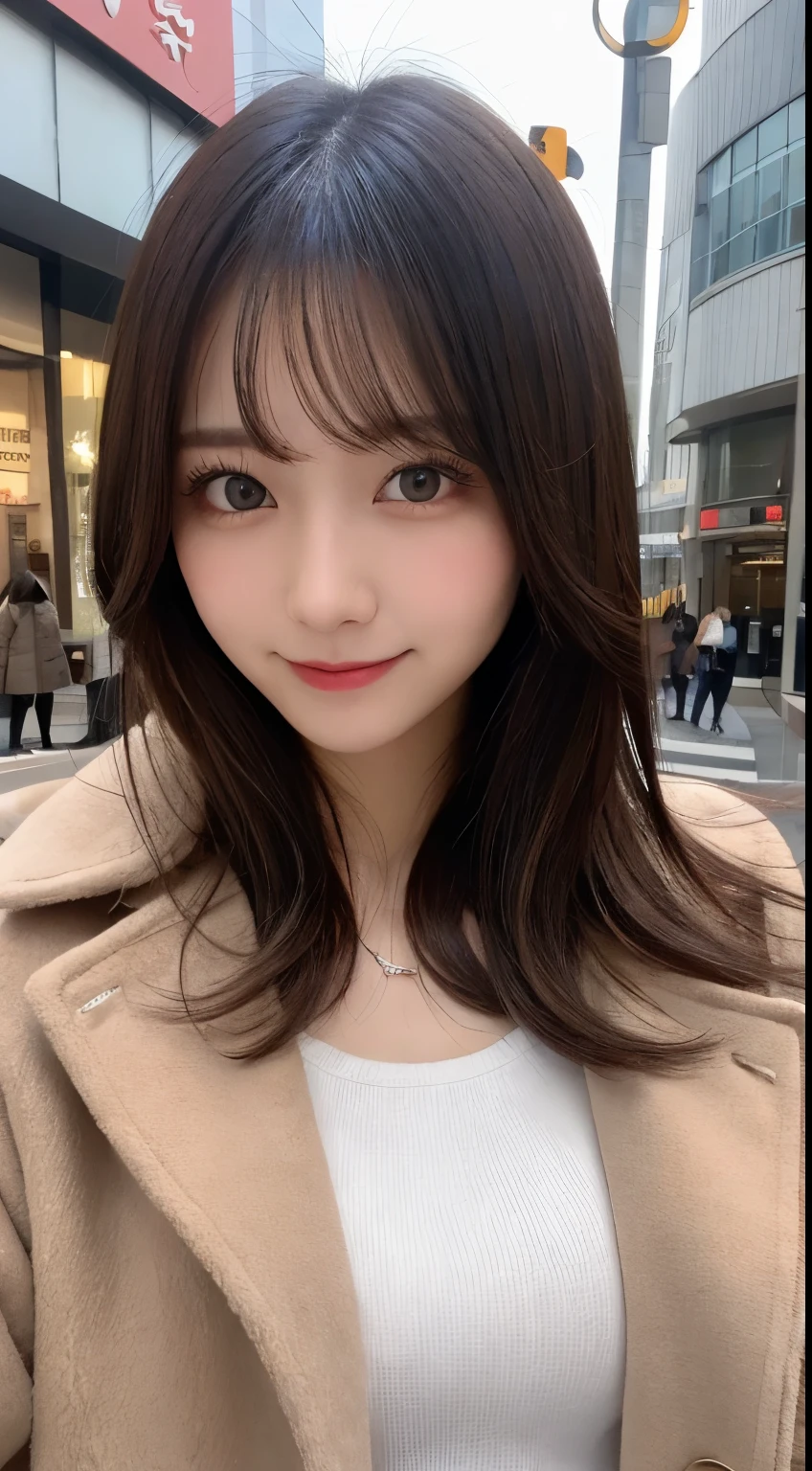 table top, highest quality, shape, Super detailed, finely, High resolution, 8k wallpaper, 完璧なダイナミックな構shape, beautiful and detailed eyes, tokyo fashion(Winter clothes),medium hair,small breasts natural color lip, bold sexy pose,smile,Harajuku、20 year old girl、cute、sexy shot looking at camera,real photos,luxury brand mink coat(black)