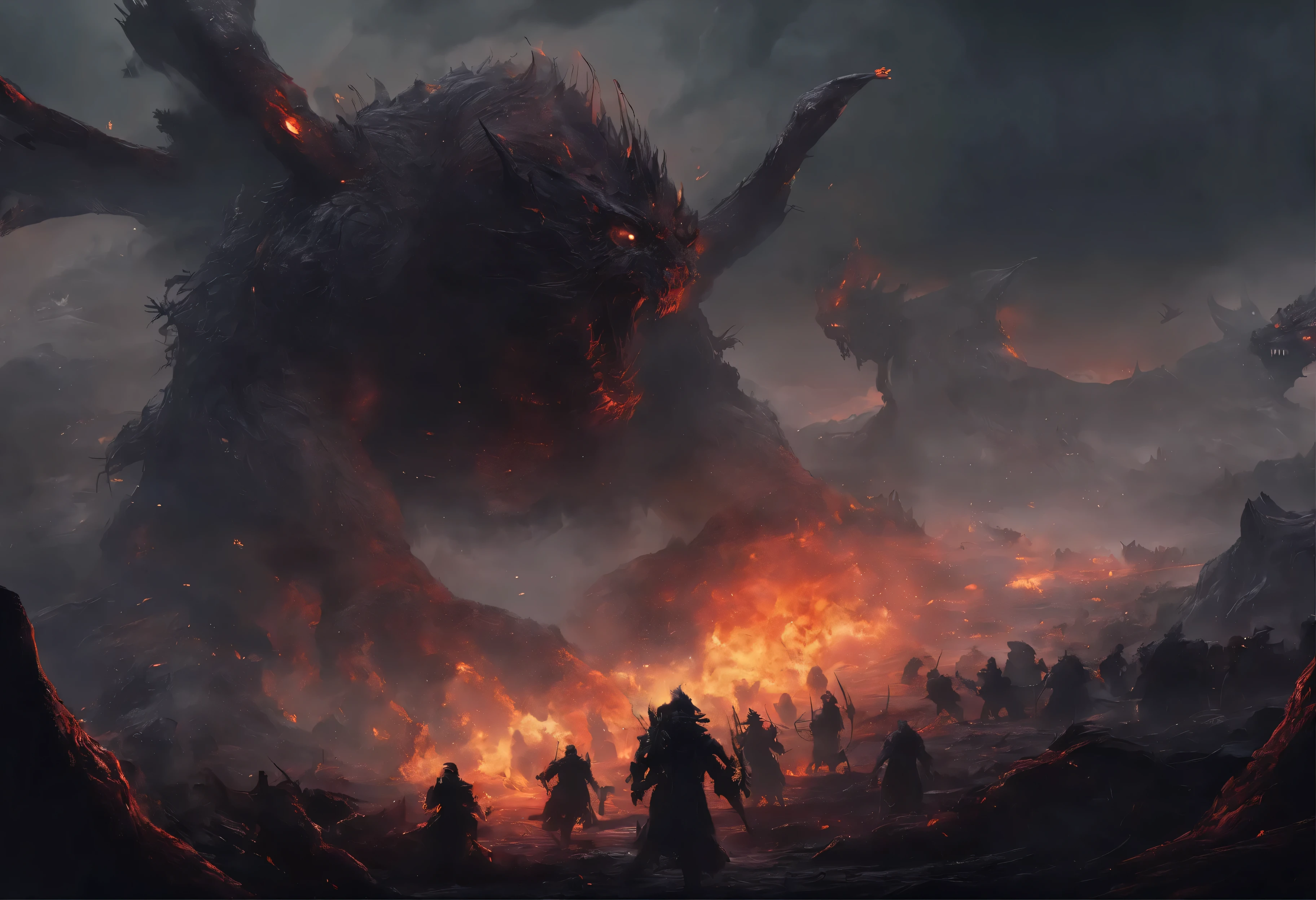 dark landscape, war with monsters, monsters attacking, fantasy land, abstract, digital art, masterpiece, ashes at the sky, fire, mosters vs humans, big monster attacking, battlefield, lights, angels and demons