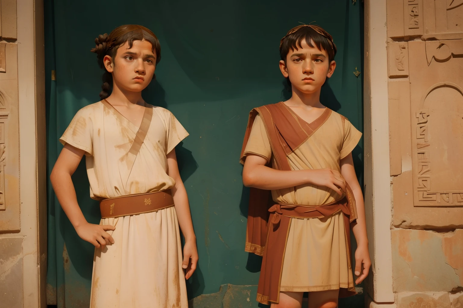 Rome, 77 BC. A little ((((9-year-old)) Julius Caesar)), with his friend Titus Labienus, standing in formation, Campus Martius, ((serious expression)). ((((roman clothings from the 1st century BC)))) ((ancient rome hairstyle))