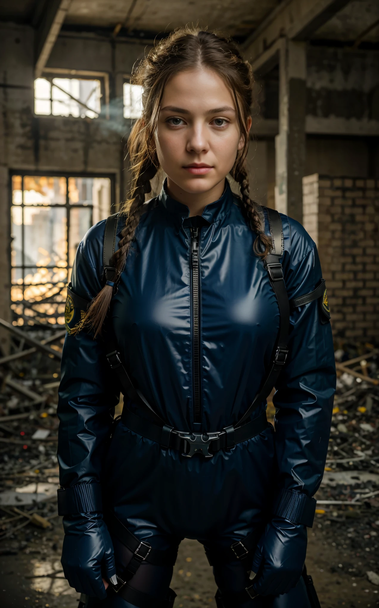 (8k, RAW photos, top quality, masterpiece: 1.2), (realistic, photorealistic: 1.37), (close up:1.2), (1 super beautiful girl), (perfect figure, normal breasts, muscular:0.75, big pelvis:1.1, plump:0.5), disheveled braid hair, professional lighting, photon mapping, (ultra detailed skin), (wearing dark blue nylon suit likes police uniform, military harness, yellow sunvisor), (normal breasts, muscular:0.75, big pelvis:1.1, plump:0.5), ((bring machinegun)), serious, fires, smokes, destroyed buildings,