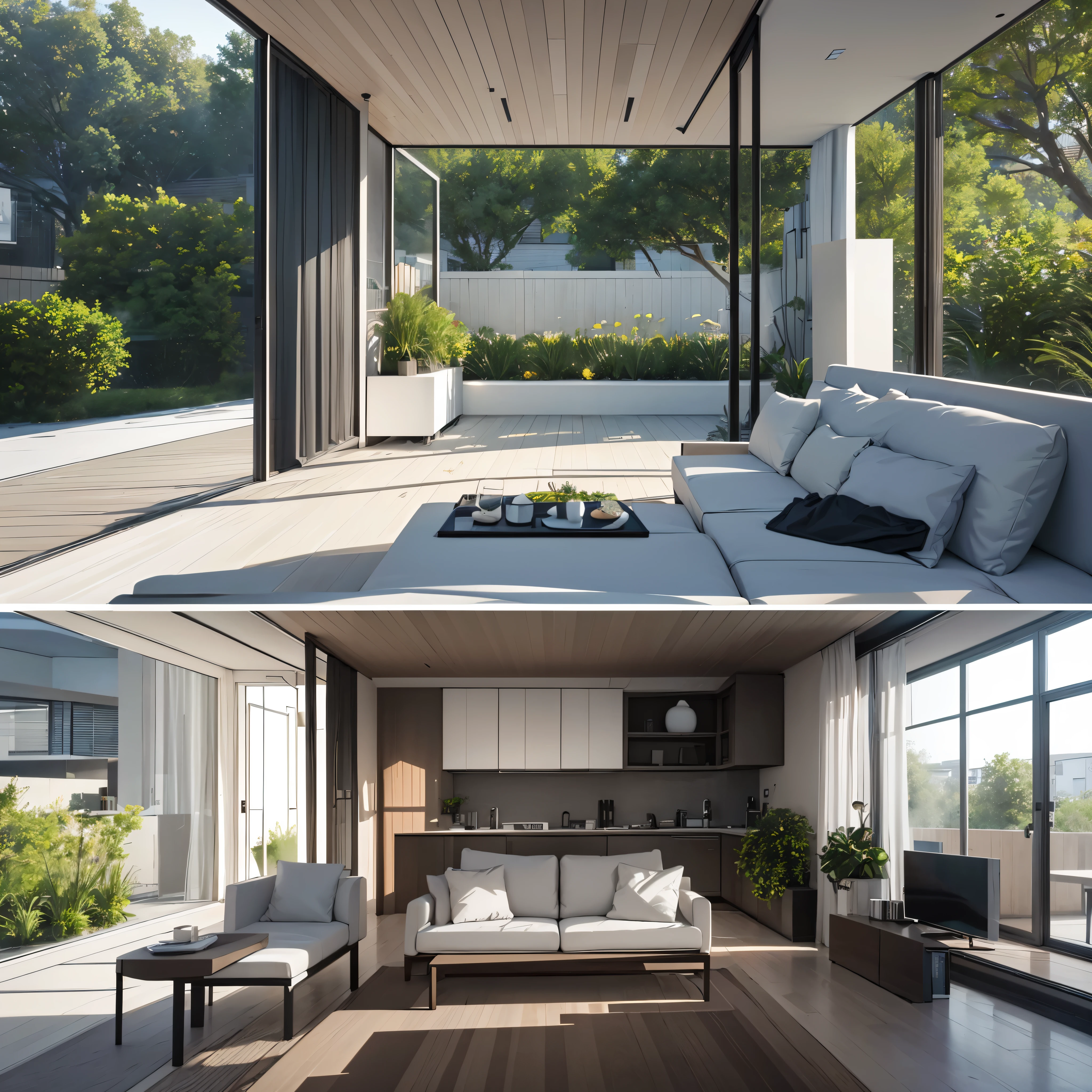 You are a famous interior designer、You have been asked to create a 3D image of a modern large room. Create a harmonious environment with modern and minimalist furniture. Including garden interior.