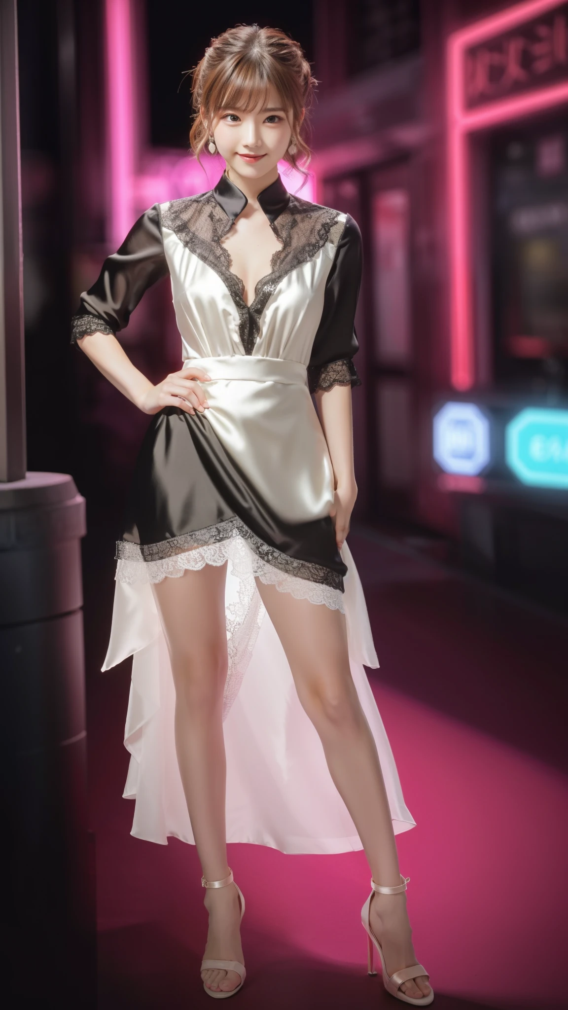 Photo taken by a professional photographer,8K, table top, RAW photo, highest quality, realistic, Highly detailed CG Unity 8K wallpaper, Depth of bounds written, cinematic light, Lens flare, ray tracing, (very beautiful face, beautiful lips, beautiful eyes), face with intricate details, ((super dense skin)) 1 girl, in the dark, deep shadow, cute korean girl, Flashy makeup with red eyeshadow,her shortcut, Delicate light brown hair is slightly disheveled with side waves.,wearing large ring earrings,K-POP idol, 1 girl, (very slim and slender fit muscular body:1.3), ((looking at the viewer)),(big smile:1.3), (magenta and black blouse), (sleeve fashion city night, dark night, (neon sign), (blurred background), fashion street night),(no people in the background:1.3), beautiful earrings, bracelet, necklace, pantyhose, clear eyes, walk, (white skin), (big eye ace forward, ((upper body shot)), ((silk color dresses:1.3)),(brown hair),((tight fit lace dress)), (See through), (looking at the viewer:1.3) open chest, very slim, medium breasts, backtracking,((buckshot)), See through, Medium Butt, mini skirt, updo hair, ((spread the thighs))