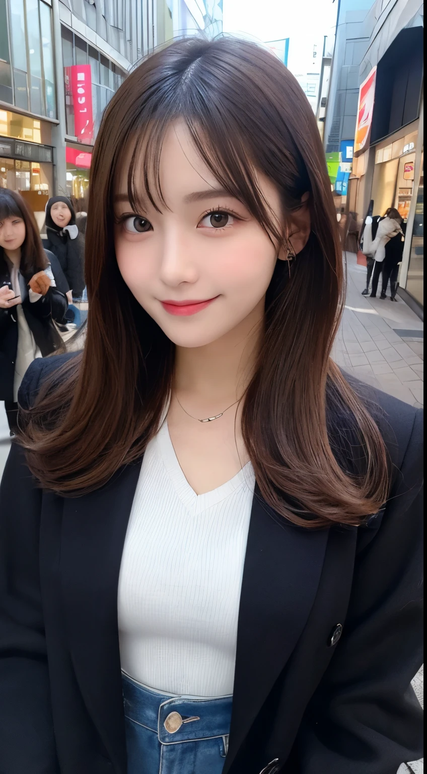 table top, highest quality, shape, Super detailed, finely, High resolution, 8k wallpaper, 完璧なダイナミックな構shape, beautiful and detailed eyes, tokyo fashion(Winter clothes),medium hair,small breasts natural color lip, bold sexy pose,smile,Harajuku、20 year old girl、cute、sexy shot looking at camera,real photos,luxury brand mink coat(black)