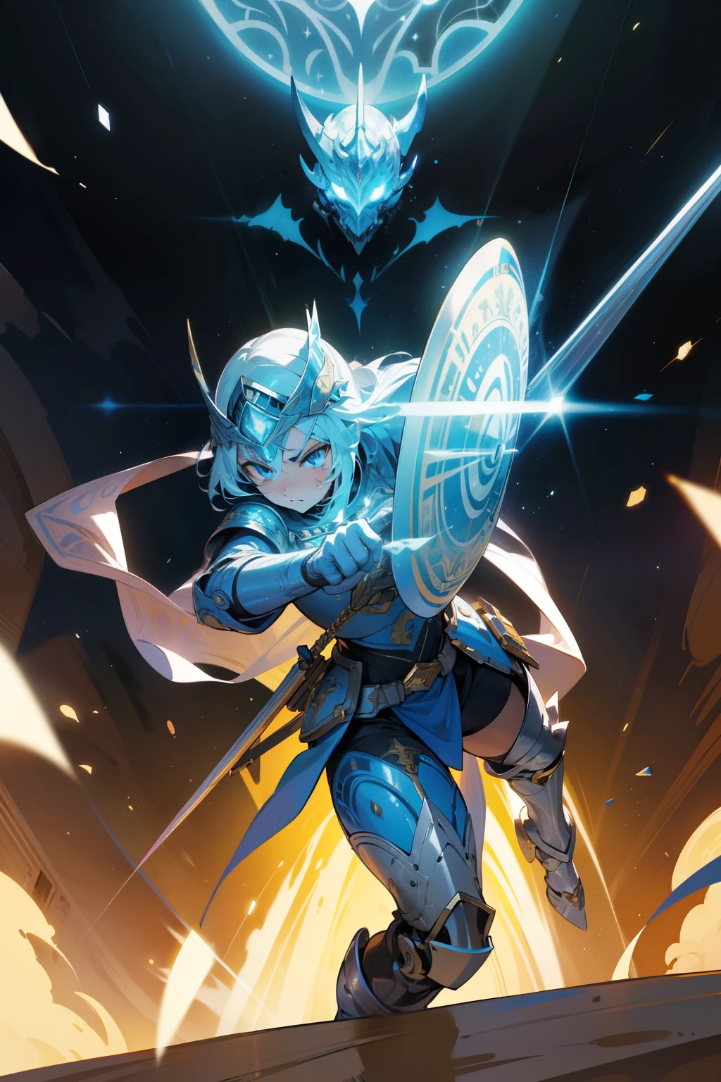 Space Warrior with Shield:
This illustration showcases a brave and powerful space warrior, clad in advanced armor, wielding a shield that gleams with an otherworldly radiance. The warrior's determined expression radiates courage and strength. The shield, intricately designed, features intriguing symbols and holographic markings that shimmer with each movement. The warrior's sleek helmet covers the upper part of their face, while their piercing blue eyes remain visible, conveying a fierce gaze. The detailed armor showcases a variety of textures and layers, demonstrating the highest picture quality and attention to detail. The warrior's pose is dynamic, with one leg slightly bent and