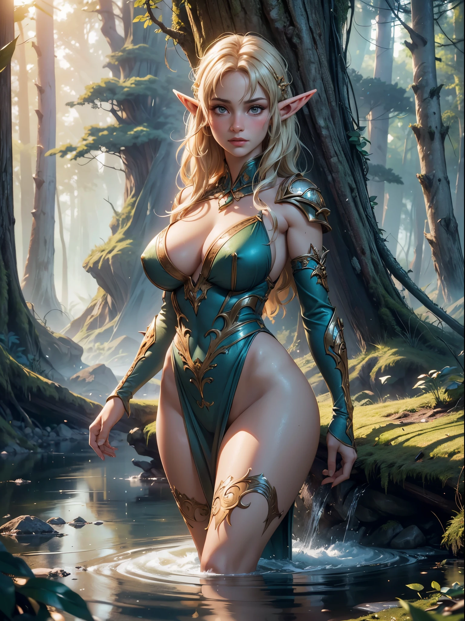 (Extreme Detail CG Unity 8K Wallpapers,tmasterpiece,Highest image quality),(masterpiece, high resolution, photo-realistic:1.4), (captivating forest elf with a voluptuous and statuesque figure:1.3), (wearing a short and snug outfit as she walks towards the river:1.2), (blonde hair cascading in waves:1.2), (rosy cheeks blushing with a hint of shyness:1.2), (surrounded by the lush beauty of the forest:1.2), (sunlight filtering through the trees:1.1), (glistening river reflecting the scenery:1.1), (gentle rustling of leaves in the background:1.1), (Canon EOS R5 mirrorless camera:1.2), (paired with a Canon RF 24-70mm f/2.8L IS USM lens:1.2), (capturing the realism of the moment:1.2), (celebrating the magical allure of a forest encounter:1.2), (a captivating photo bringing fantasy to life:1.1), Cinematic, Hyper-detailed, insane details, Beautifully color graded, Unreal Engine, DOF, Super-Resolution, Megapixel, Cinematic Lightning, Anti-Aliasing, FKAA, TXAA, RTX, SSAO, Post Processing, Post Production, Tone Mapping, CGI, VFX, SFX, Insanely detailed and intricate, Hyper maximalist, Hyper realistic, Volumetric, Photorealistic, ultra photoreal, ultra-detailed, intricate details, 8K, Super detailed, Full color, Volumetric lightning, HDR, Realistic, Unreal Engine, 16K, Sharp focus, Octane render --v testp
,by Frank Frazetta,by Julie Bell,by Olivia De Berardinis,by Luis Royo,by boris vallejo,