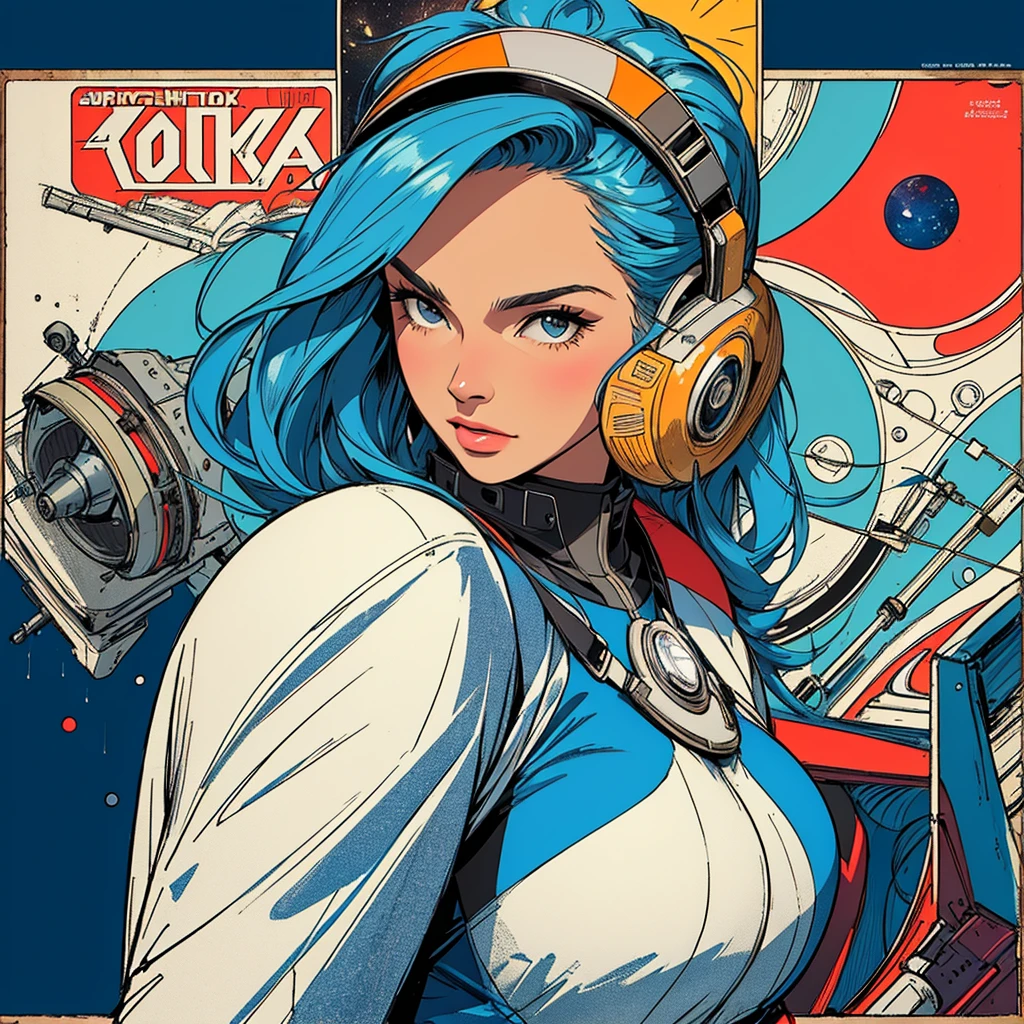 (((highest quality))),masterpiece,1 woman,((the perfect person)),((Super beautiful woman)),detailed perfect face,retro,vintage,classic,60's,70's,80's,old movie posters,abstract,((スペーススリラーmovie poster)),(Futuristic),Geometric pattern,very delicate,movie poster_white frame,universe,Milky Way,planet,,propaganda,universe飛行士,breast enhancement,simple,(big breasts),(cleavage),cyber punk,
