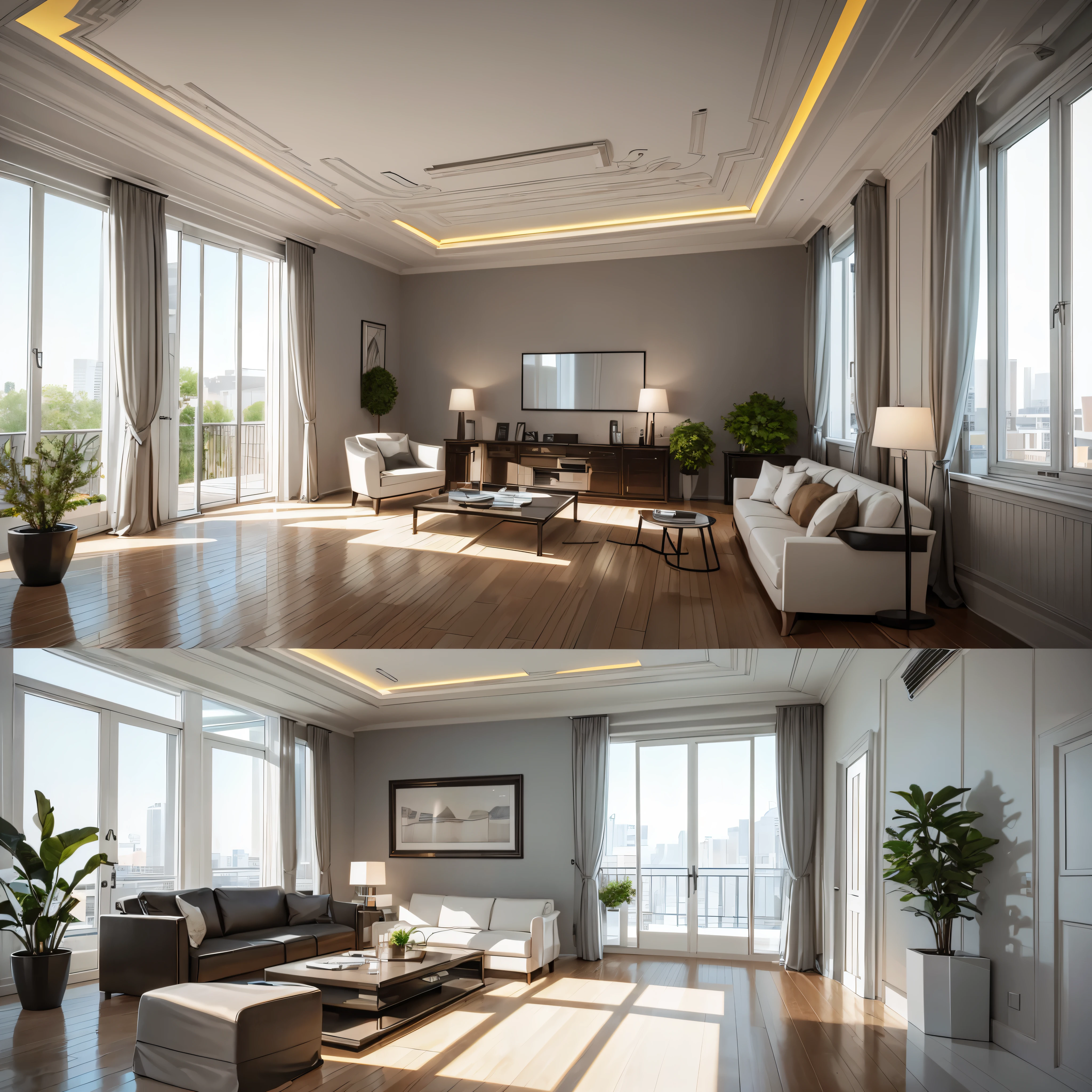 You are a famous interior designer、You have been asked to create a 3D image of a modern large room. Create a harmonious environment with modern and minimalist furniture. Including garden interior.