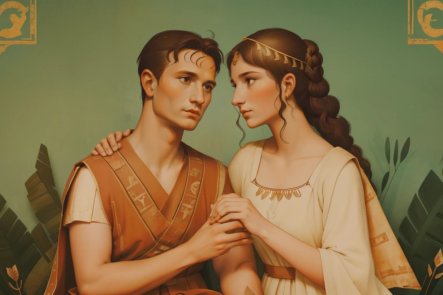 Rome, 77 BC. A young ((((23-year-old)) Julius Caesar)), and his wife Cornelia, holding hands, ((loving expression)). ((((roman clothings from the 1st century BC)))) ((ancient rome hairstyle))