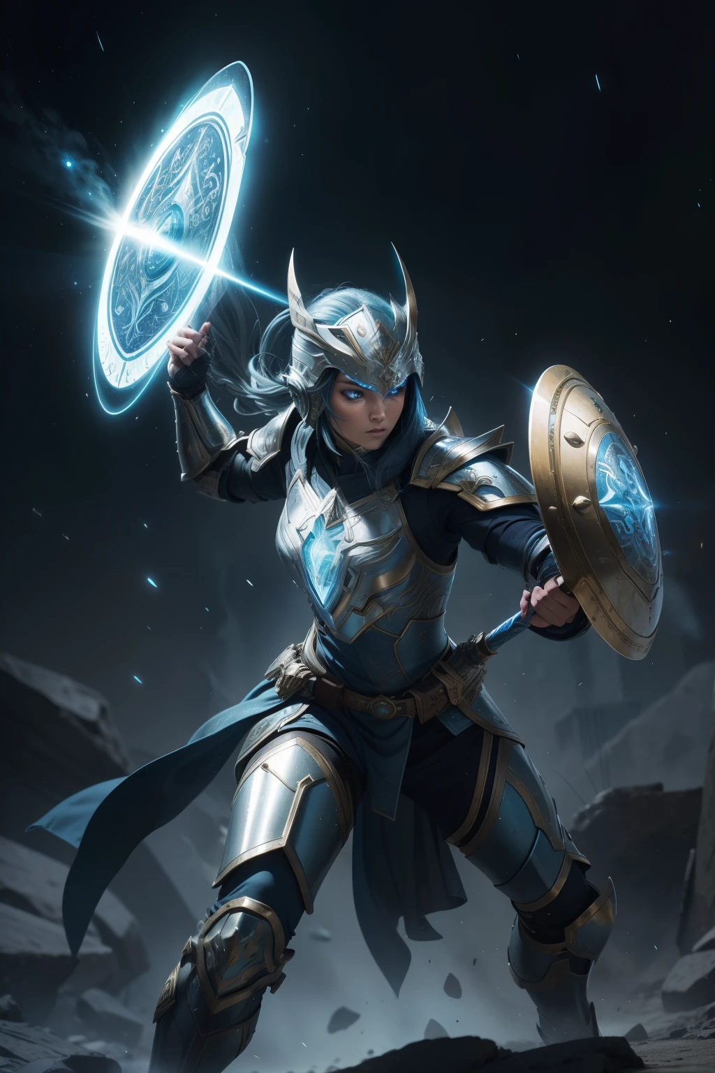 Space Warrior with Shield:

This illustration showcases a brave and powerful space warrior, clad in advanced armor, wielding a shield that gleams with an otherworldly radiance. The warrior's determined expression radiates courage and strength. The shield, intricately designed, features intriguing symbols and holographic markings that shimmer with each movement. The warrior's sleek helmet covers the upper part of their face, while their piercing blue eyes remain visible, conveying a fierce gaze. The detailed armor showcases a variety of textures and layers, demonstrating the highest picture quality and attention to detail. The warrior's pose is dynamic, with one leg slightly bent and