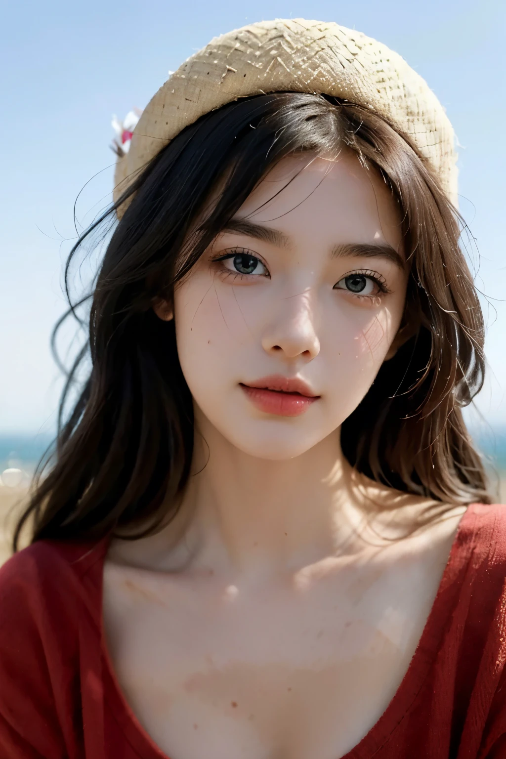 (best quality,4K,high resolution,masterpiece:1.4),Super detailed,Very detailed,sharp focus,Surreal:1.4,professional,HD images,bright colors,Bokeh,Beautiful and delicate eyes,Beautiful and delicate lips,long eyelashes,Romantic atmosphere,soft light,Contrast light and shadow,Lighting effects,high nose bridge,high nose,Yamane,young,Lively,Chubby cheeks,charming,graceful curves,blond,full,The background is clear,Los Angeles streets,European girl,beach background,Wear a cotton hat,red clothes