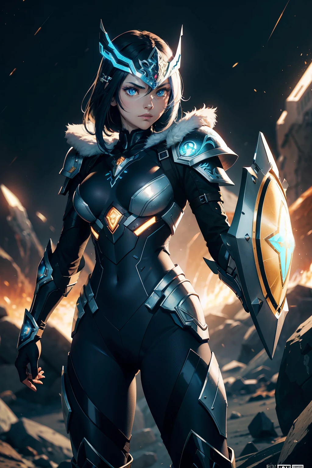 Space Warrior with Shield:

This illustration showcases a brave and powerful space warrior, clad in advanced armor, wielding a shield that gleams with an otherworldly radiance. The warrior's determined expression radiates courage and strength. The shield, intricately designed, features intriguing symbols and holographic markings that shimmer with each movement. The warrior's sleek helmet covers the upper part of their face, while their piercing blue eyes remain visible, conveying a fierce gaze. The detailed armor showcases a variety of textures and layers, demonstrating the highest picture quality and attention to detail. The warrior's pose is dynamic, with one leg slightly bent and