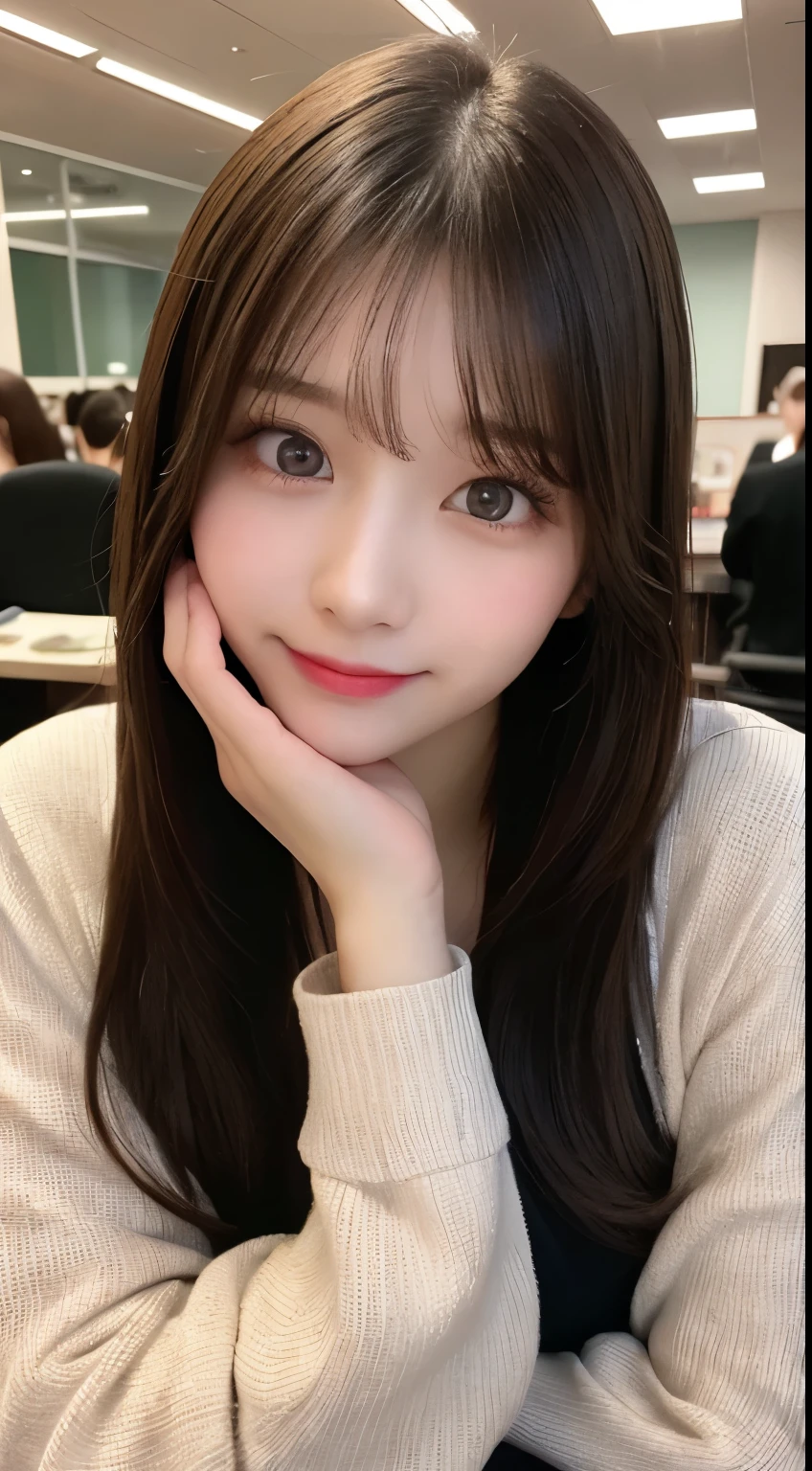 table top, highest quality, figure, super detailed, finely, High resolution, 8k wallpaper, 完璧なダイナミックな構figure, beautiful and fine eyes, long sleeve casual office clothes,medium hair,,natural color lip, bold sexy pose,smile,Harajuku、20 year old girl、cute、sexy shot looking at camera,blur the background,beautiful and detailed face，Take only the face