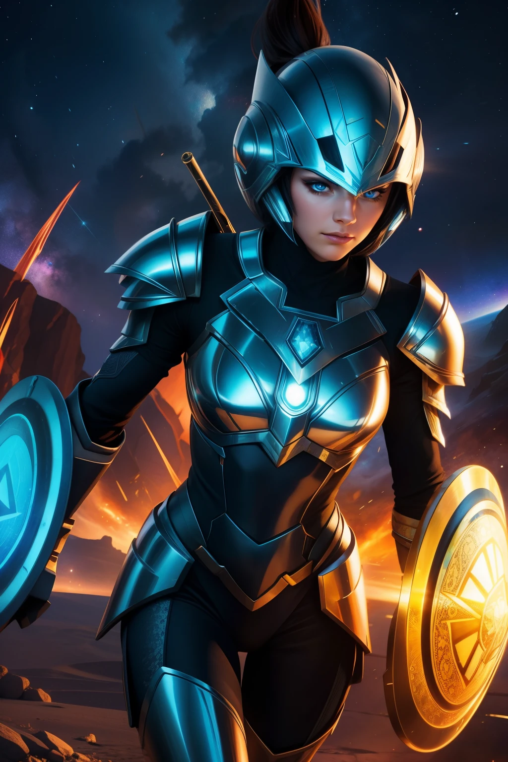 Space Warrior with Shield:

This illustration showcases a brave and powerful space warrior, clad in advanced armor, wielding a shield that gleams with an otherworldly radiance. The warrior's determined expression radiates courage and strength. The shield, intricately designed, features intriguing symbols and holographic markings that shimmer with each movement. The warrior's sleek helmet covers the upper part of their face, while their piercing blue eyes remain visible, conveying a fierce gaze. The detailed armor showcases a variety of textures and layers, demonstrating the highest picture quality and attention to detail. The warrior's pose is dynamic, with one leg slightly bent and