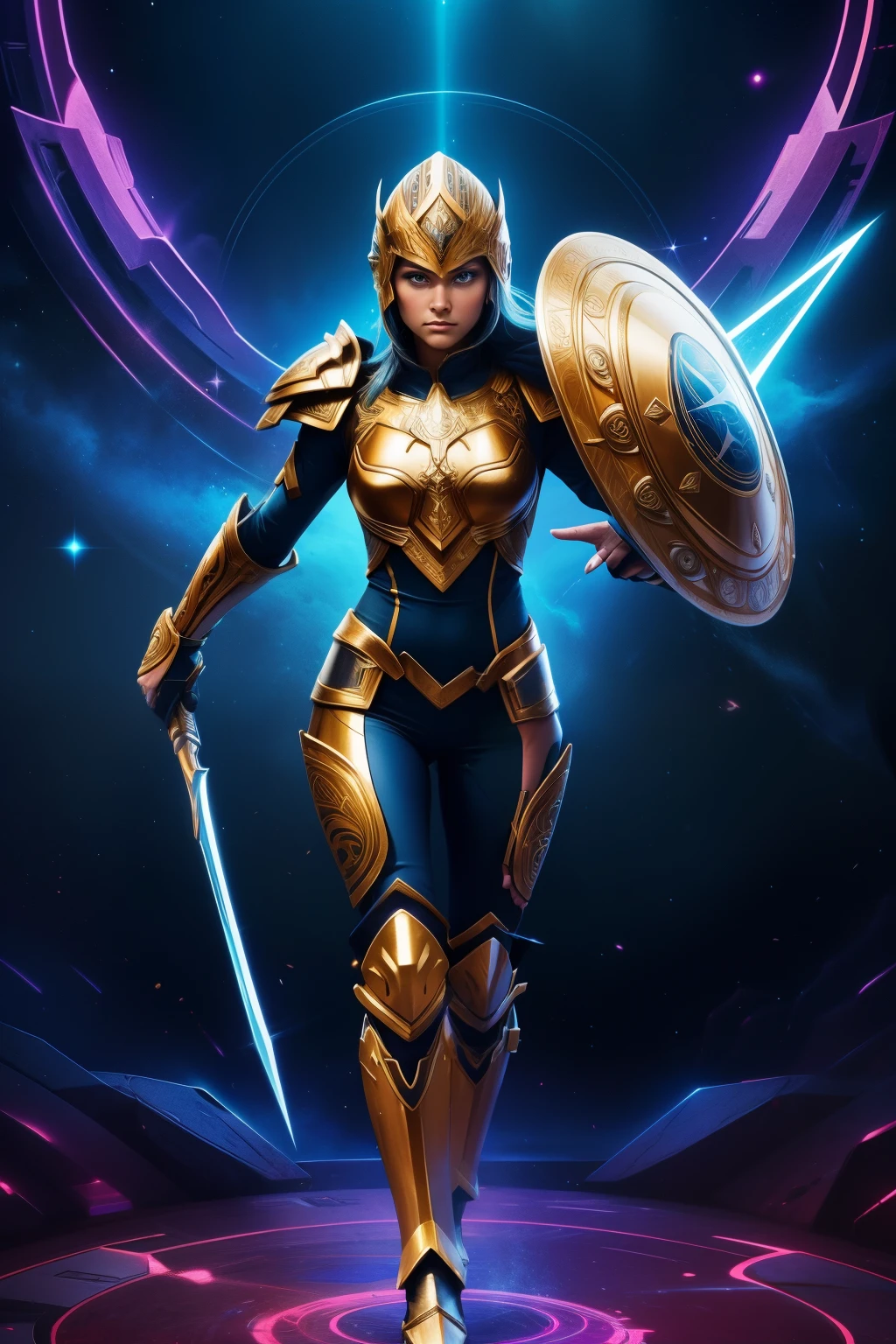 Space Warrior with Shield:

This illustration showcases a brave and powerful space warrior, clad in advanced armor, wielding a shield that gleams with an otherworldly radiance. The warrior's determined expression radiates courage and strength. The shield, intricately designed, features intriguing symbols and holographic markings that shimmer with each movement. The warrior's sleek helmet covers the upper part of their face, while their piercing blue eyes remain visible, conveying a fierce gaze. The detailed armor showcases a variety of textures and layers, demonstrating the highest picture quality and attention to detail. The warrior's pose is dynamic, with one leg slightly bent and