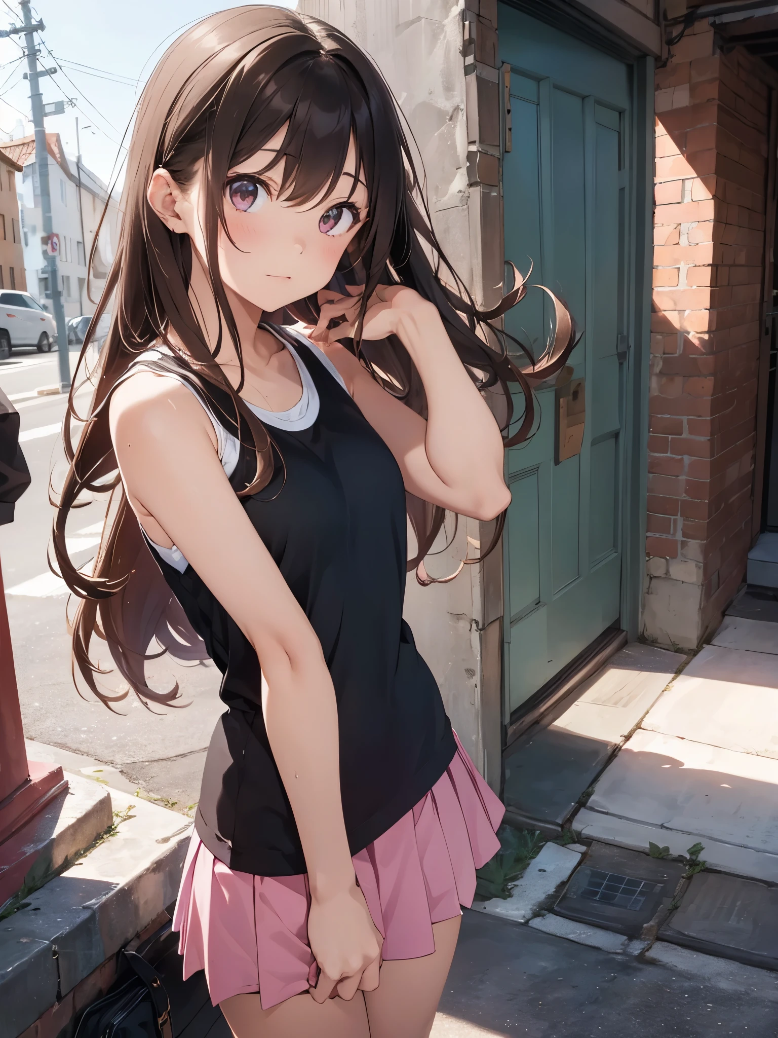 1girl, solo, pink skirt, long brown hair, innocent, cute, black tank top T-shirt, seductive pose
