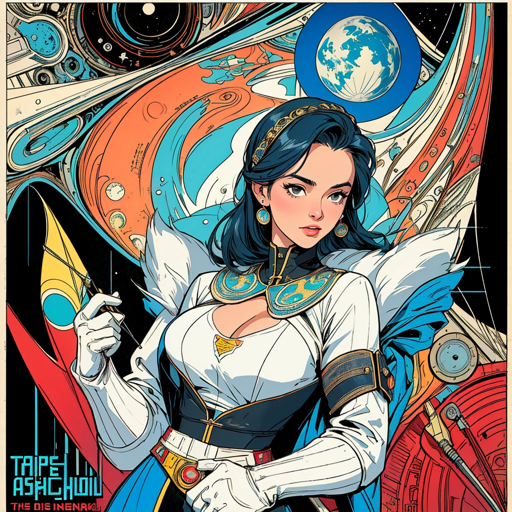 (((highest quality))),masterpiece,1 woman,((the perfect person)),((Super beautiful woman)),detailed perfect face,retro,vintage,classic,60's,70's,80's,old movie posters,abstract,((スペーススリラーmovie poster)),(Futuristic),Geometric pattern,very delicate,movie poster_white frame,universe,Milky Way,planet,,propaganda,universe飛行士,breast enhancement,simple,big breasts,cleavage,