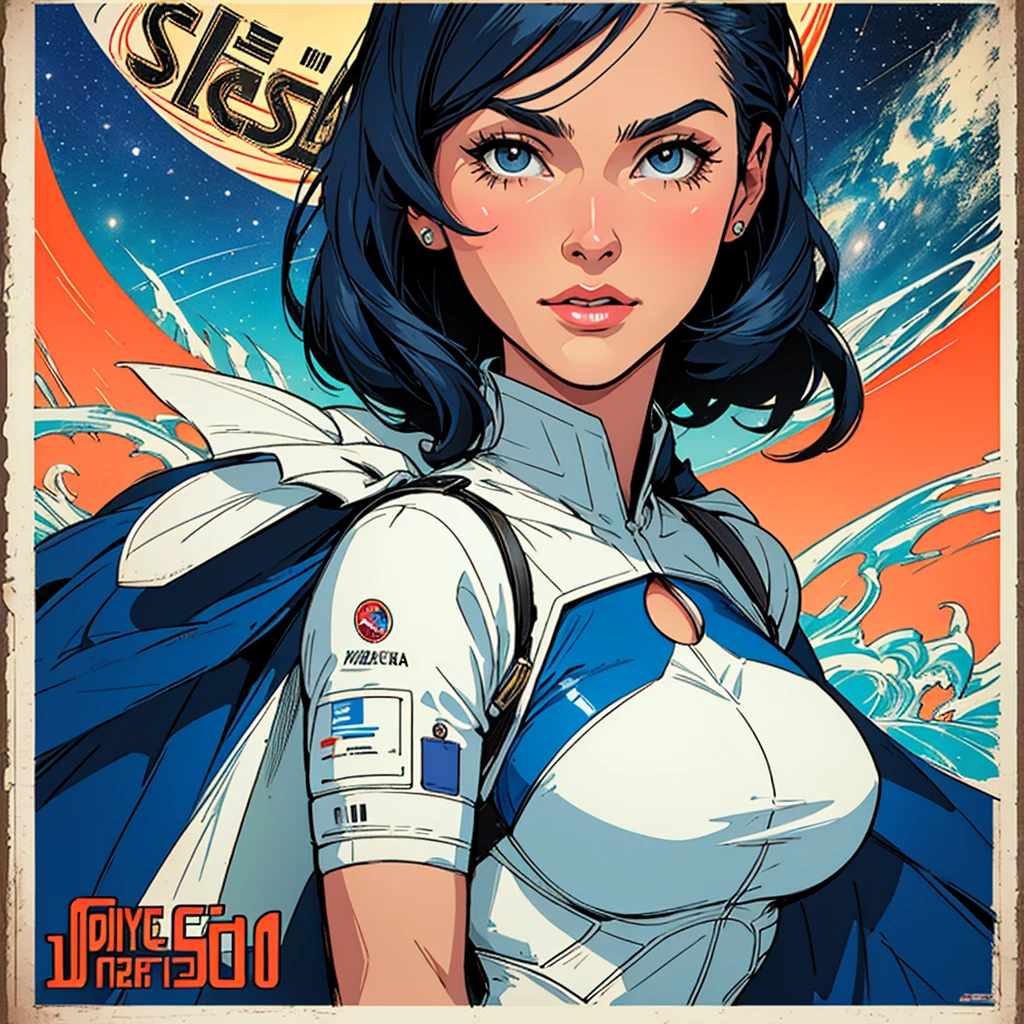 (((highest quality))),masterpiece,1 woman,((the perfect person)),((Super beautiful woman)),detailed perfect face,retro,vintage,classic,60's,70's,80's,old movie posters,abstract,((スペーススリラーmovie poster)),(Futuristic),Geometric pattern,very delicate,movie poster_white frame,universe,Milky Way,planet,,propaganda,universe飛行士,breast enhancement,simple,big breasts,cleavage,