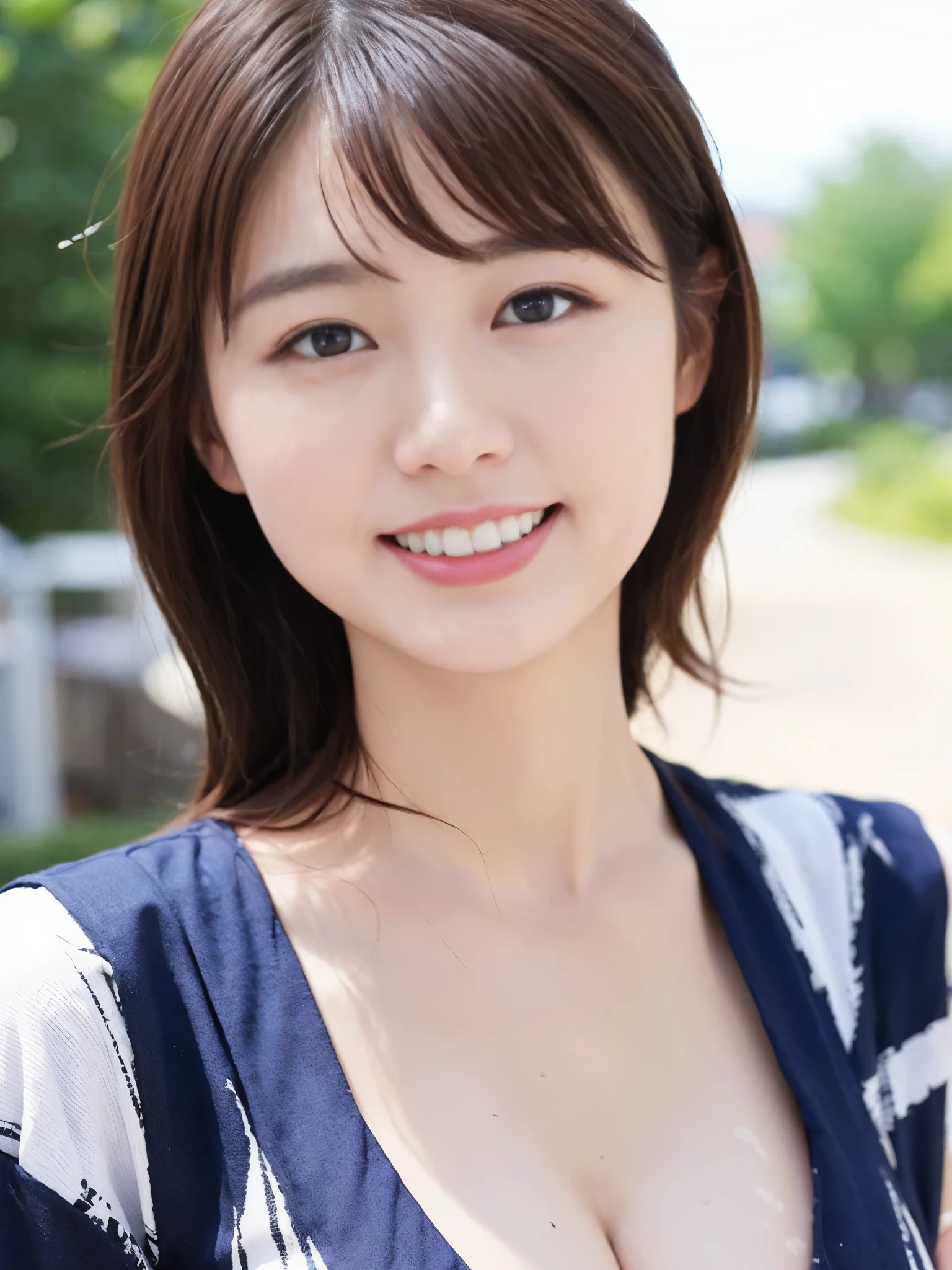 ((highest quality, 8K, masterpiece :1.3)), 1 girl, smile, whole body, big breasts、slim face, Beautiful woman, (dark brown hair), colorful onesie:1.1, super detailed face, fine eyes, double eyelid, blur background, slim face, city, outside, street,