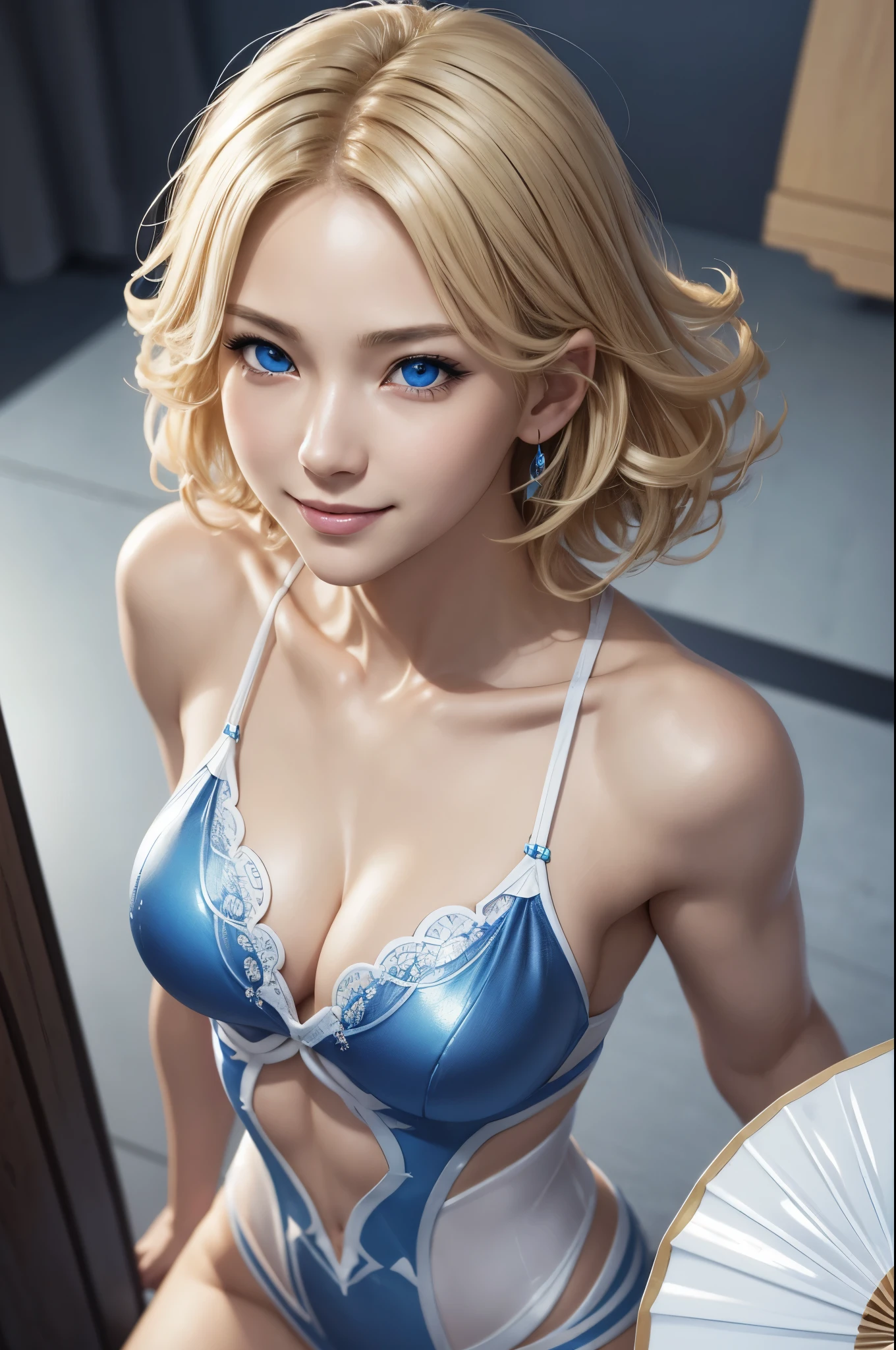 8K、A woman wearing a blue and white ギルドスタッフのSexy衣装 is taking the photo.、smooth CG art、glossy white skin、8K high quality detailed art、Photorealistic anime girl rendering、fan art best art station、smooth digital concept art、highly detailed characters、white shiny skacy art,character art、blonde short perm hair、slim muscular body、赤と白のSexy衣装、skinny macho、Super high resolution、surreal、split blue eyes,Sexy,smile,ultra high resolution,Super realistic,realistic skin,fantasy art,character art,seductive pose,Sexina Pose,perspective from above,