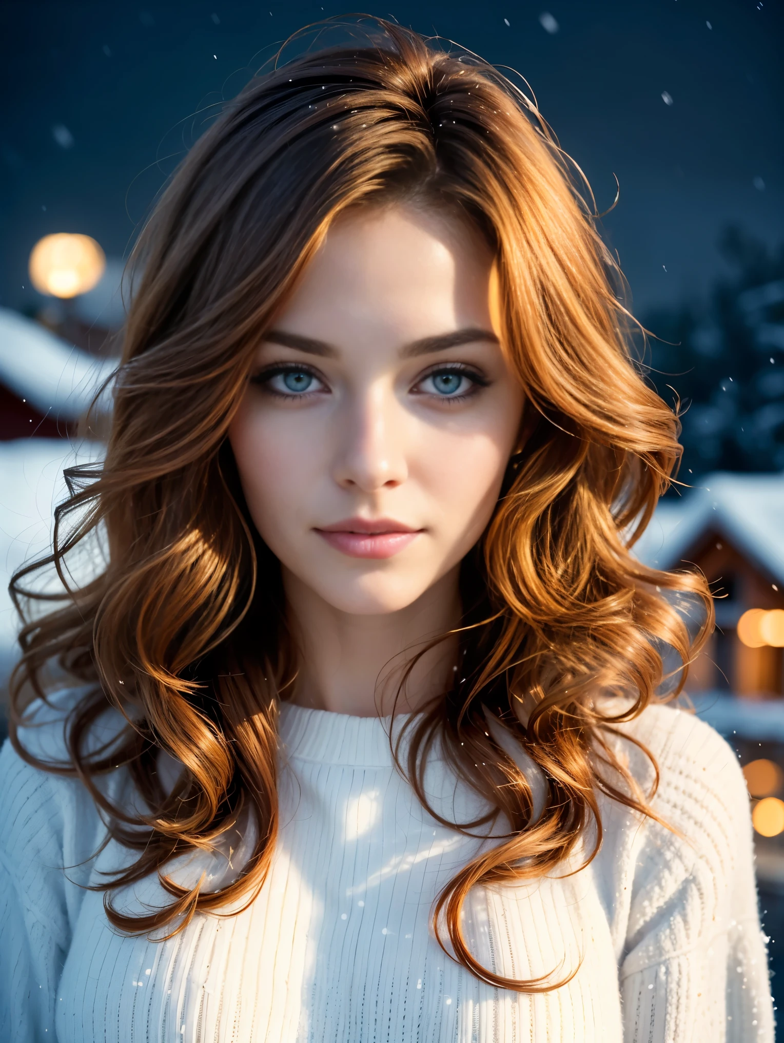 (Close up portrait:1.3), (from above:1.1). an ultra hot gorgeous European woman, age 23, she’s a playmate, men magazine model. She has round little cheeks. Flirts with camera, subtle smile. (Ginger wavy hair. Green eyes:1.2) (she’s standing in a snowy village at night:1.4). Loose wool sweater.Perfect anatomy, perfect hair, perfect breast, perfect body, perfect hands, perfect face, UHD, retina, masterpiece, accurate, anatomically correct, textured skin. Winter starry night, northern lights
