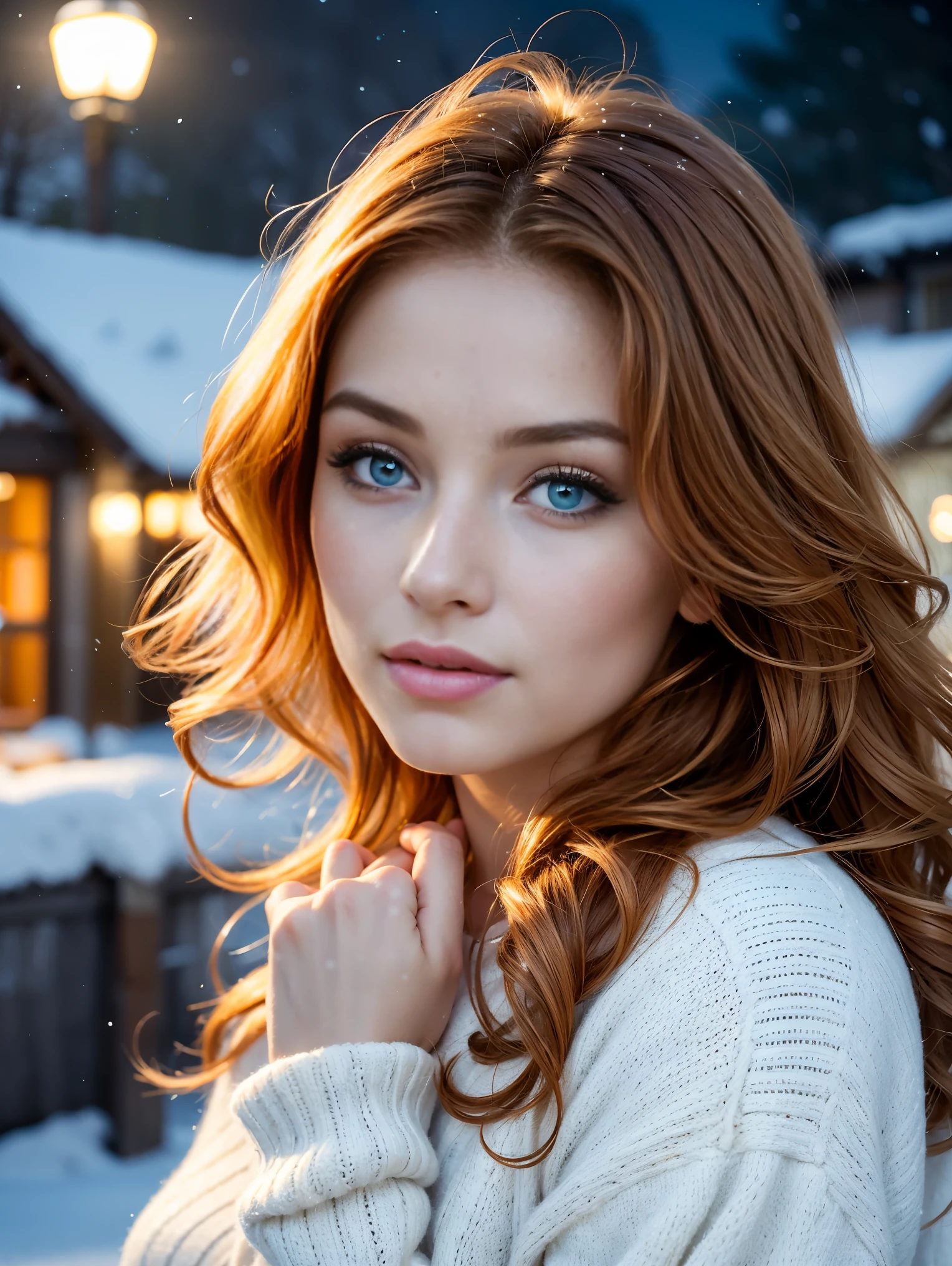 (Close up portrait:1.3), (from above:1.1). an ultra hot gorgeous European woman, age 23, she’s a playmate, men magazine model. She has round little cheeks. Flirts with camera, subtle smile. (Ginger wavy hair. Green eyes:1.2) (she’s standing in a snowy village at night:1.4). Loose wool sweater.Perfect anatomy, perfect hair, perfect breast, perfect body, perfect hands, perfect face, UHD, retina, masterpiece, accurate, anatomically correct, textured skin. Winter starry night, northern lights