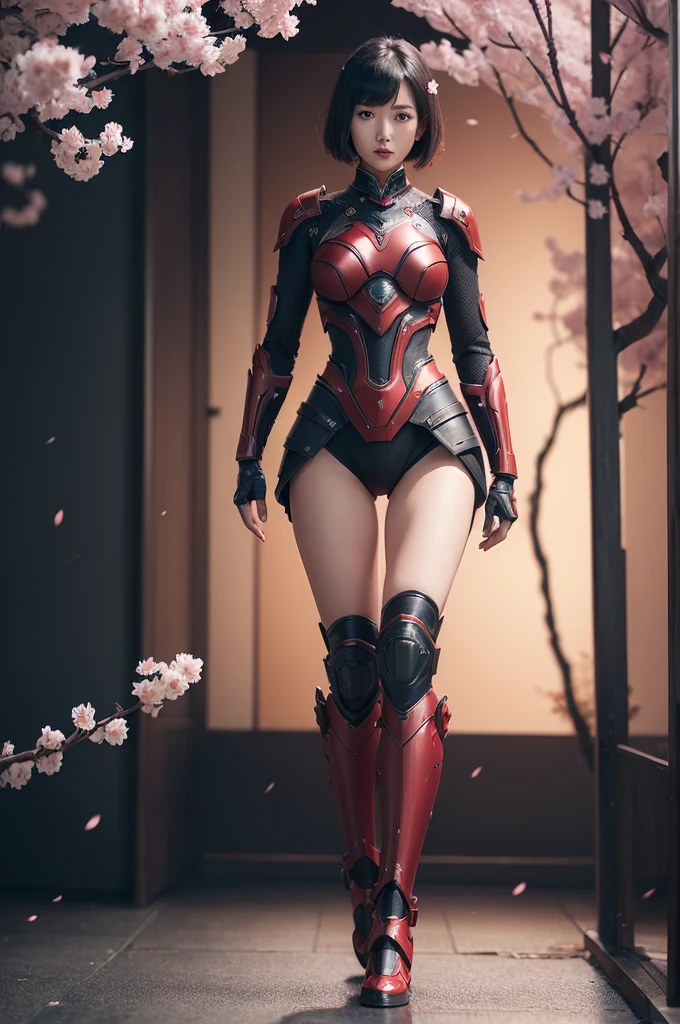 (((full body photo)))
beautiful japanese young woman, wearing ninja armor, thick symmetrical features, very short hair, background is cherry blossoms, red aura, red lips, octane render,