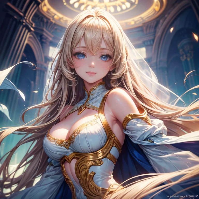 fantastic art of a beautiful girl,beige long hair,beautiful lightblue eyes,smile,ample bosom,noble,cute,top quality,best picture quality,super masterpiece,super detailed,detailed light,fantastic atmosphere,very delicate and beautiful,highly detailed digital painting,cinematic lighting,8k