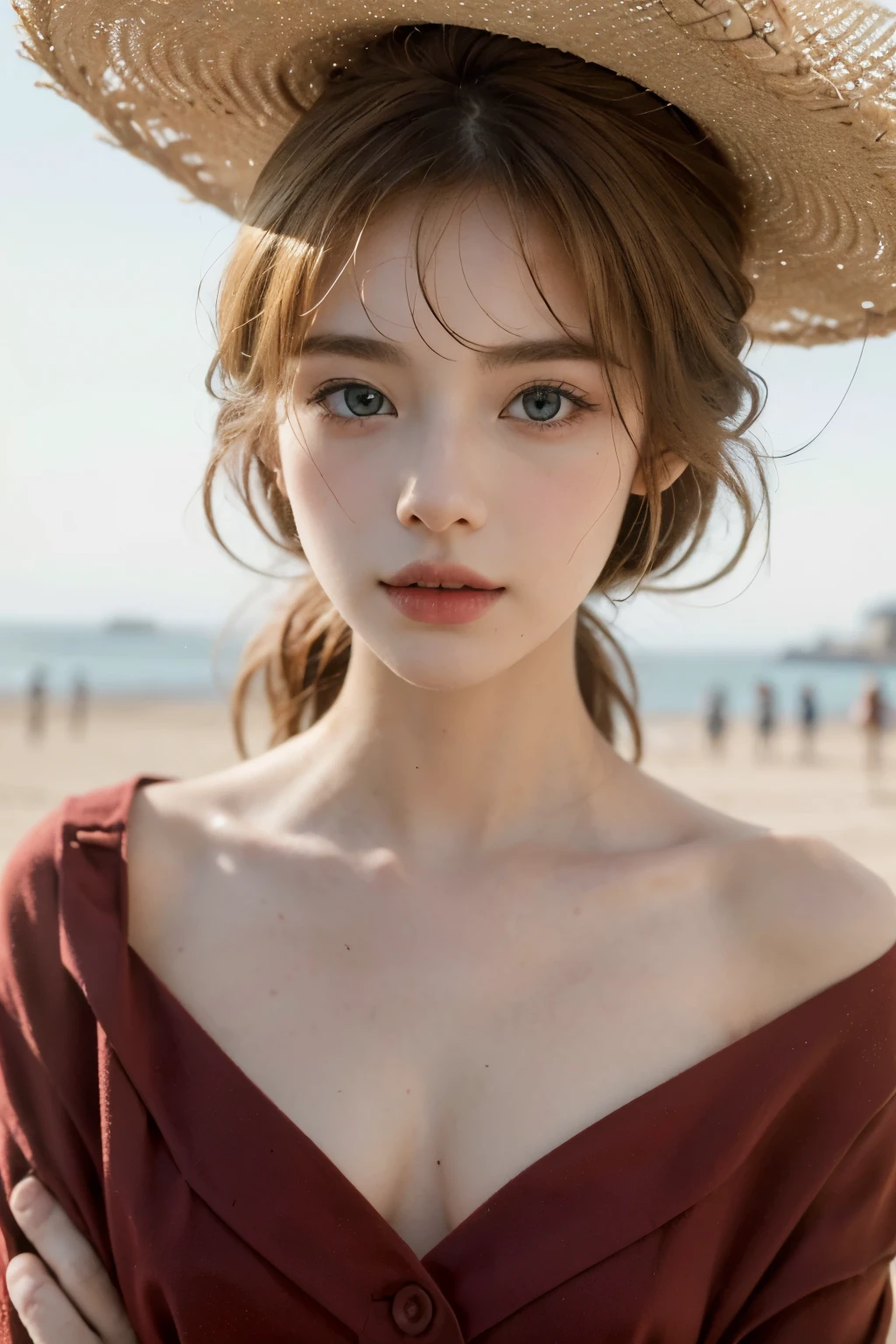 (best quality,4K,high resolution,masterpiece:1.4),Super detailed,Very detailed,sharp focus,Surreal:1.4,professional,HD images,bright colors,Bokeh,Beautiful and delicate eyes,Beautiful and delicate lips,long eyelashes,Romantic atmosphere,soft light,Contrast light and shadow,Lighting effects,high nose bridge,high nose，Yamane，young,Lively,Chubby cheeks,charming,graceful curves，blond，full，The background is clear，Los Angeles streets，European girl，beach background，Wear a cotton hat，red clothes