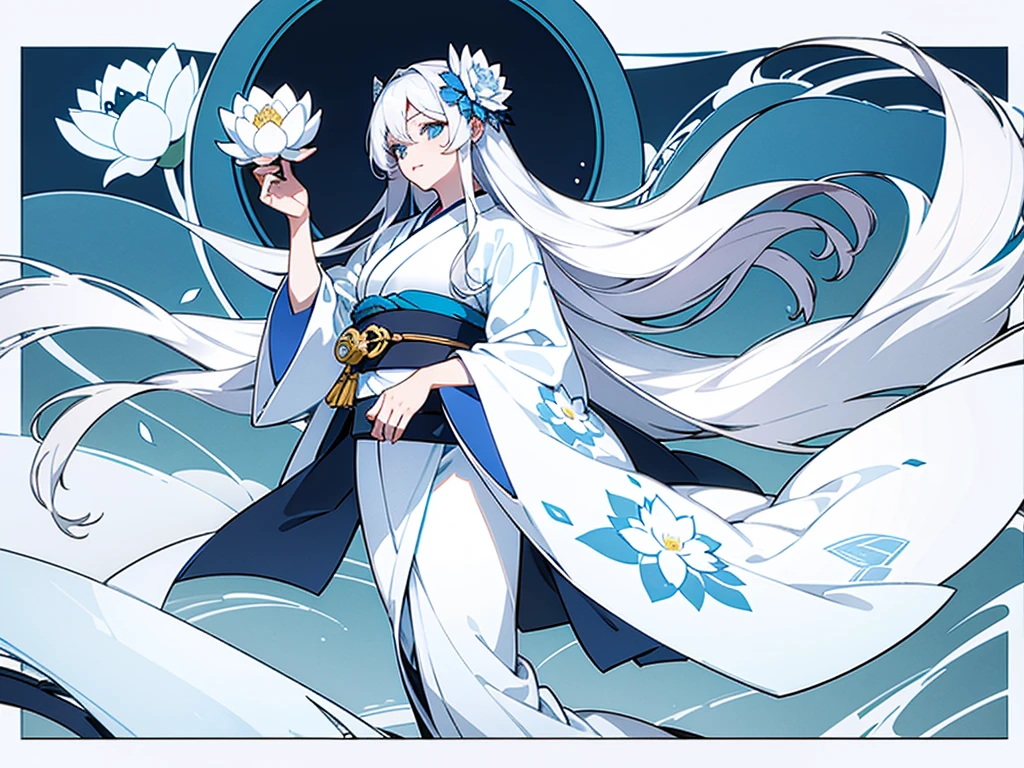 mature woman, long white flowing hair, wearing a beautiful white kimono with blue flower pattern, looking sideways, big , 4k, masterpiece, high detail, lotus background