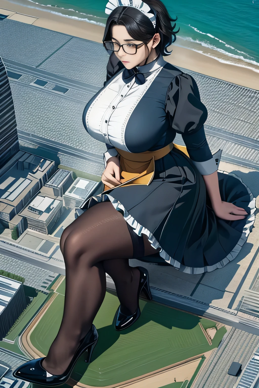 giantess art, 非常に詳細なGiantショット, Giant, short hair, black pantyhose, A maid that is much bigger than a skyscraper, wearing rimless glasses, big breasts, big butt, navy maid uniform, black pantyhose, black shoes, very small metropolis, miniature metropolis, full body description, gts, giga giantess, stomping city, crash city, tiny city, micro city, maid, a plan of a city, 