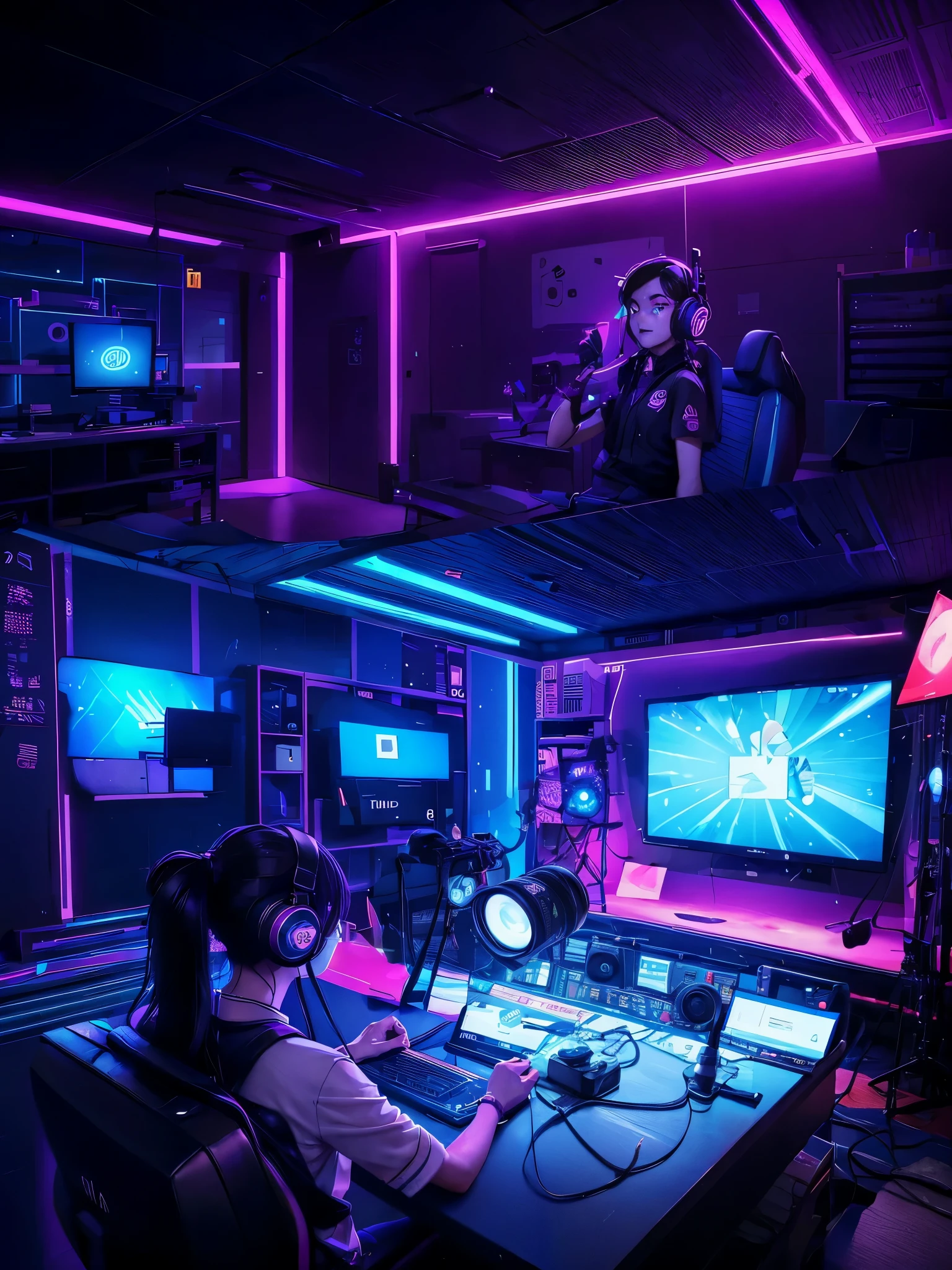 In the studio,The face facing the microphone and camera,Facing the camera to record video,1 microphone,1 camera,spotlight,reflector