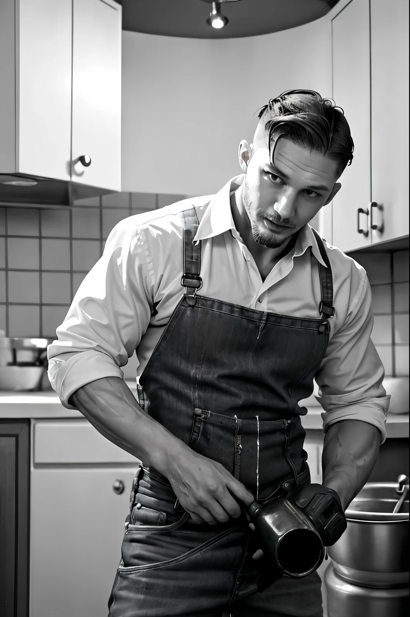 Black and white photo (Tom Hardy is repairing a water pipe), his fair and smooth skin is flawless, his eyes are deep, his chin and face are smooth, his muscles are well-developed, he is not wearing a coat, and his lower body is wearing jeans (round inch hairstyle: 1.34), his decisive style, sharp focus,
Movie lighting, background: kitchen,