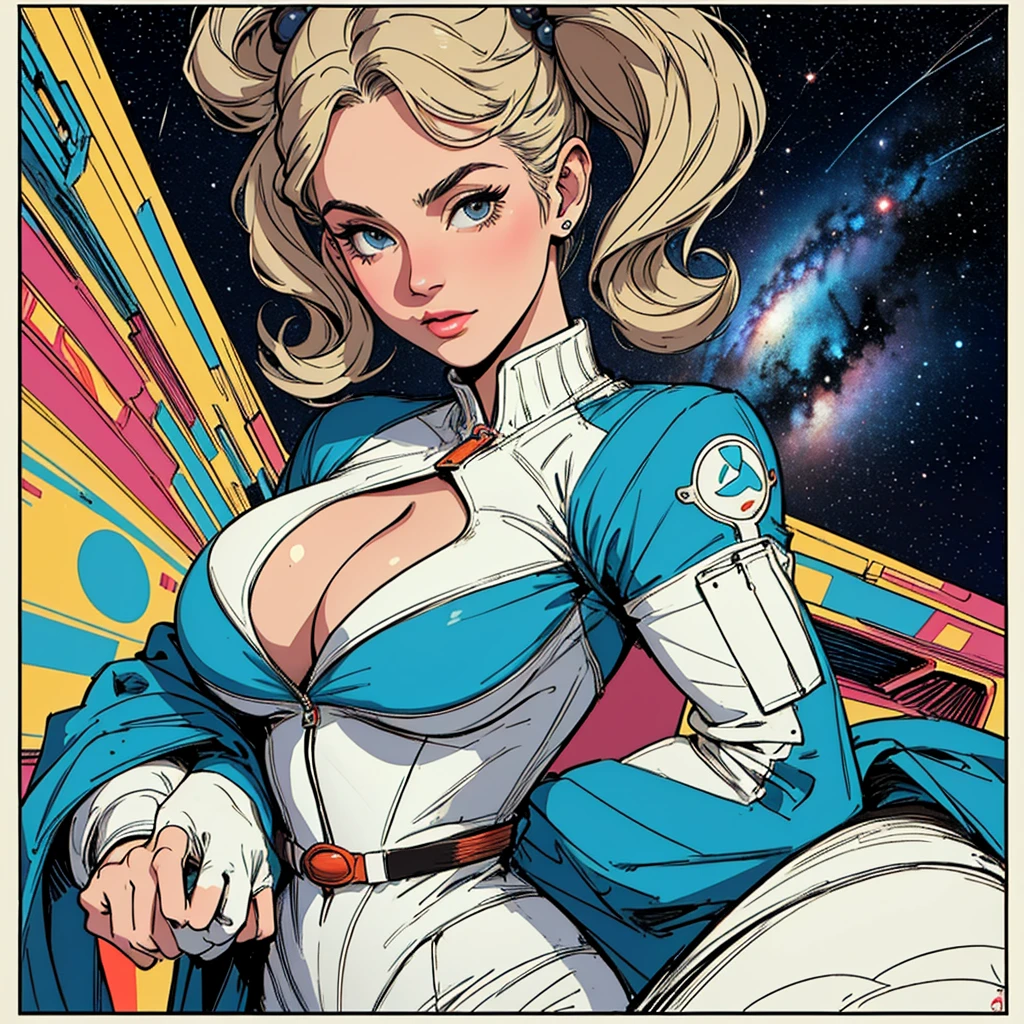 (((highest quality))),masterpiece,1 woman,((the perfect person)),((Super beautiful woman)),detailed perfect face,retro,vintage,classic,60's,70's,80's,old movie posters,abstract,((スペーススリラーmovie poster)),(Futuristic),Geometric pattern,very delicate,movie poster_white frame,universe,Milky Way,planet,,propaganda,universe飛行士,breast enhancement,simple,(big breasts),(cleavage),