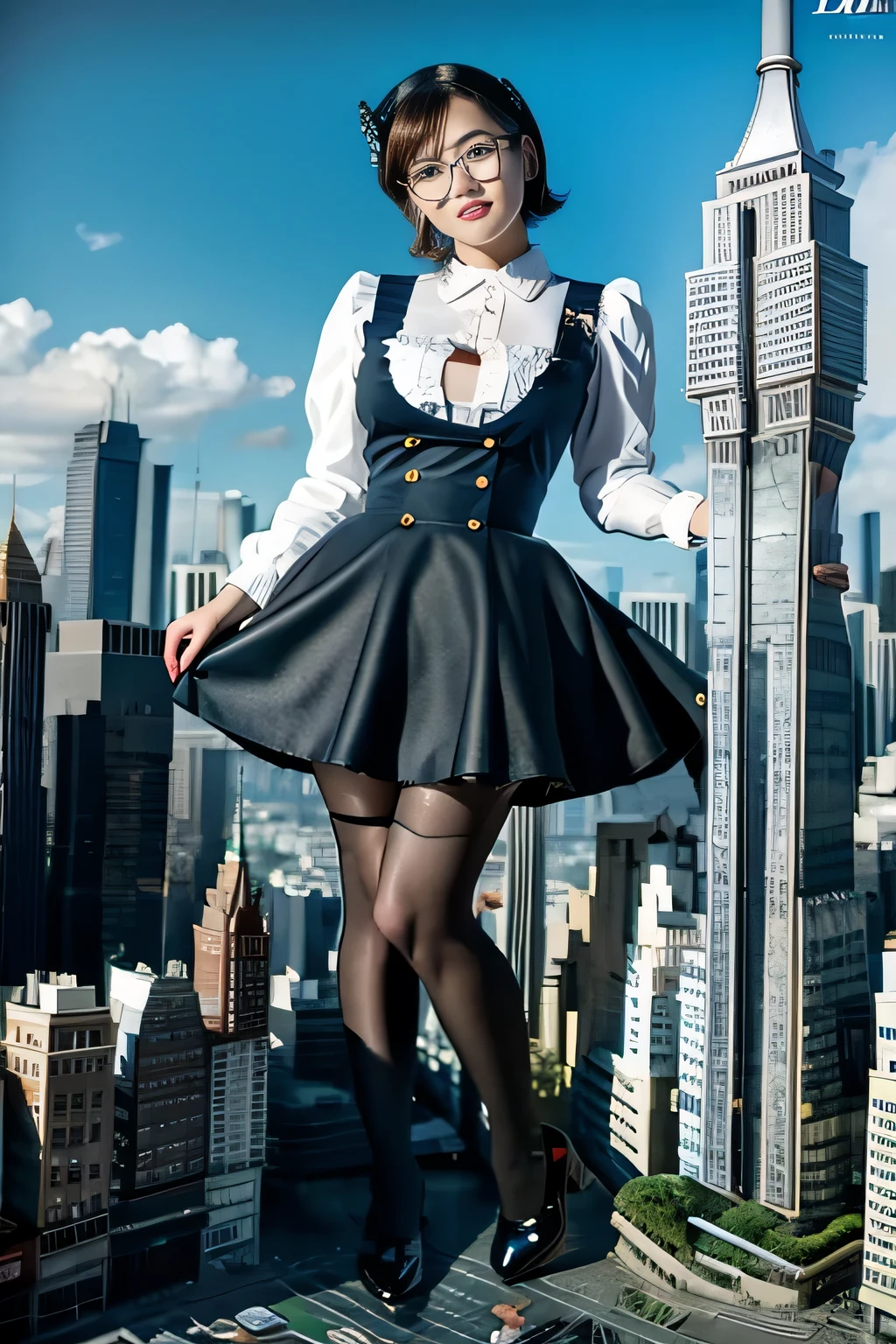 giantess art, 非常に詳細なGiantショット, Giant, short hair, black pantyhose, A maid that is much bigger than a skyscraper, wearing rimless glasses, big breasts, big butt, navy maid uniform, black pantyhose, black shoes, very small metropolis, miniature metropolis, full body description, gts, giga giantess, stomping city, crash city, tiny city, micro city, maid, a plan of a city, 