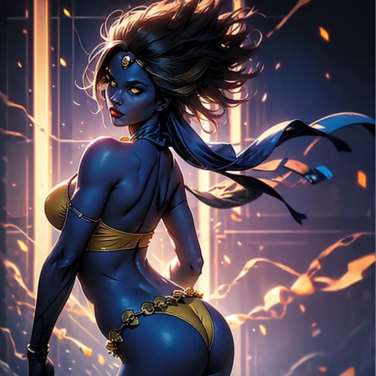 (Mystique Yellow and Blue: 1.1), (big tits: 1.2), (photorealistic: 1.3), (highest quality}, ultra-high definition, colorful, professional close-up, Mystique Yellow and Blue, lovely breasts, big and bouncy, large areolas, detailed textures, perfect skin tone, vibrant colors, erotic and seductive, NSFW, (bright lighting), (attractive: 1.2), (confident pose: 1.2), (sexy lingerie: 1.2), Blue background, Yellow dress, (stands with back facing forward: 1.2